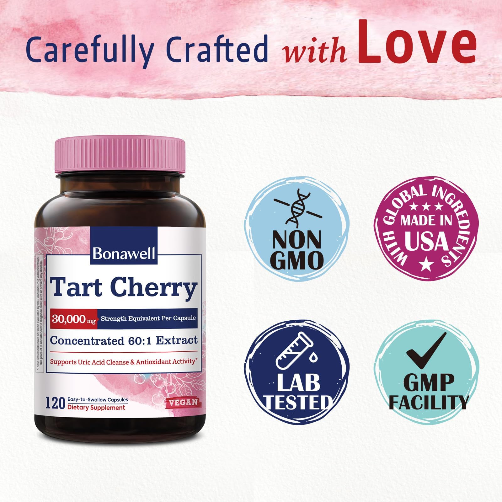 Bonawell Tart Cherry 60:1 Extract Capsules – 30,000 mg Equivalent | Montmorency Tart Cherry | 120 Caps
