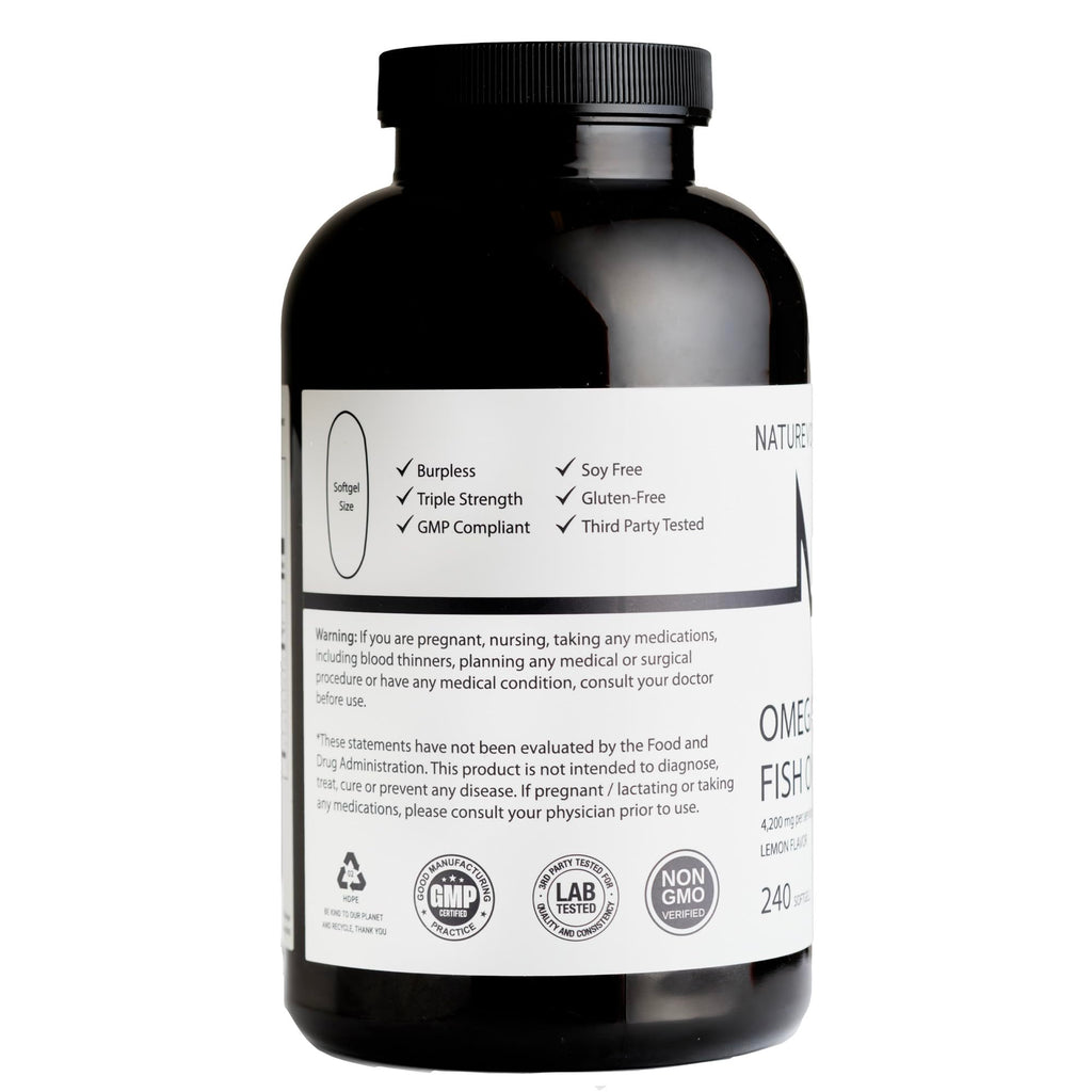 Triple Strength Omega-3 Fish Oil 4200mg – Burpless, Wild-Caught, Lemon | 240 Softgels
