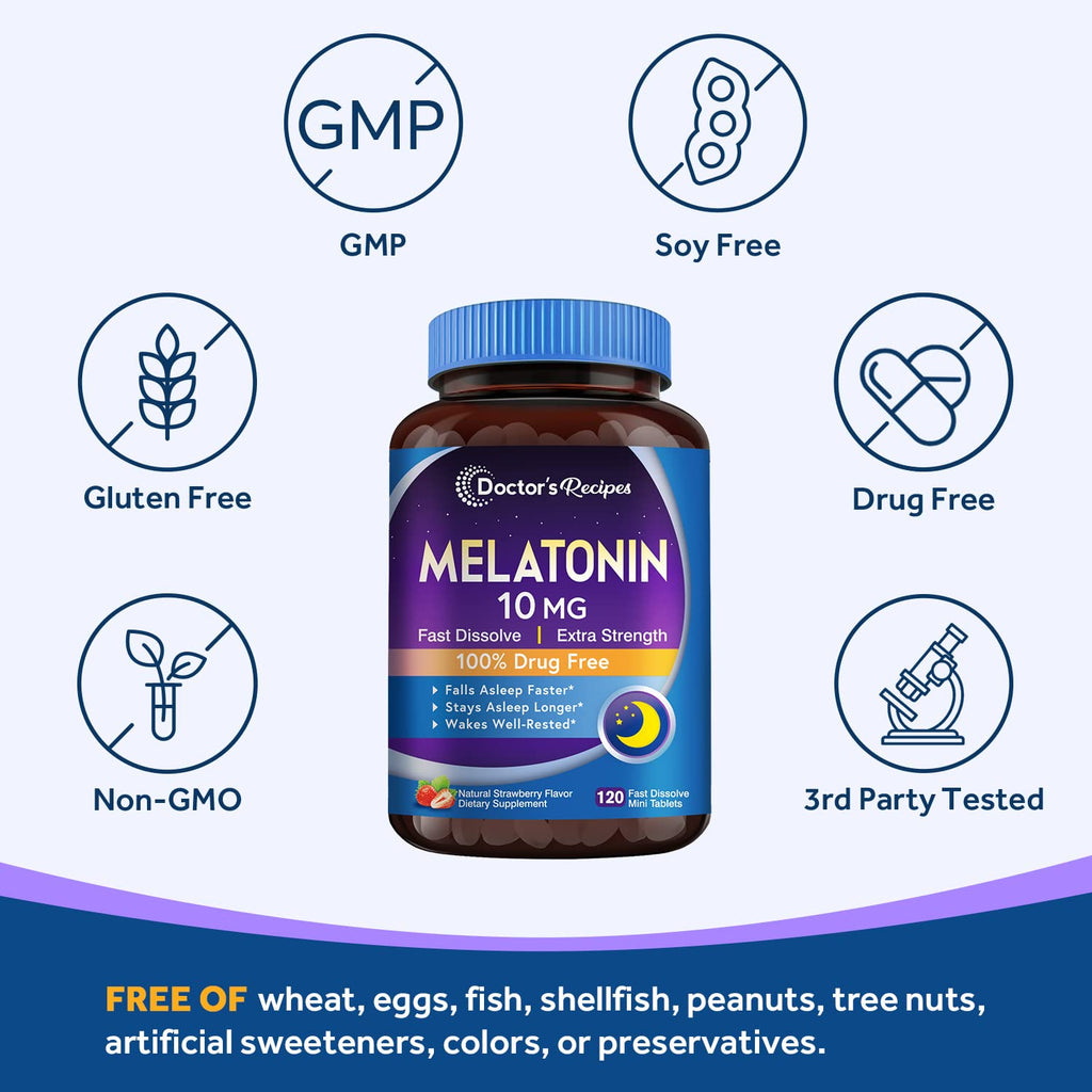 Doctor’s Recipes Melatonin 10 mg Fast Dissolve – 120 Tablets | Sleep Support, Non-GMO, Strawberry Flavor