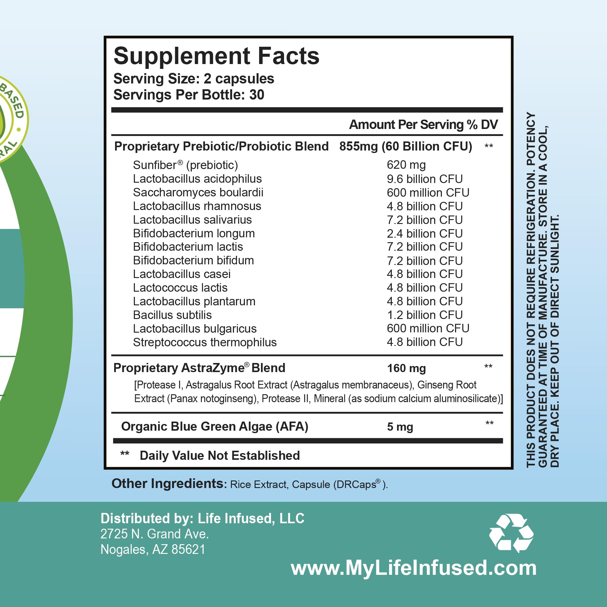Life Infused Flora Infused Probiotics with Prebiotics - 50 Billion CFU, 13 Strains, Enzyme Blend - Vegan - 60 Capsules