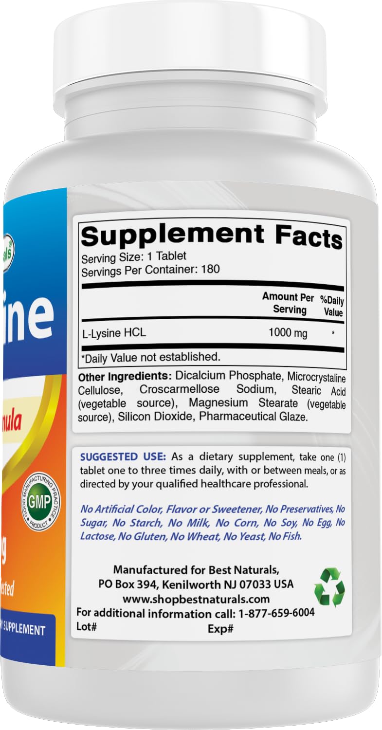 Best Naturals L-Lysine 1000mg – 180 Tablets per Bottle, 3 Bottles Pack