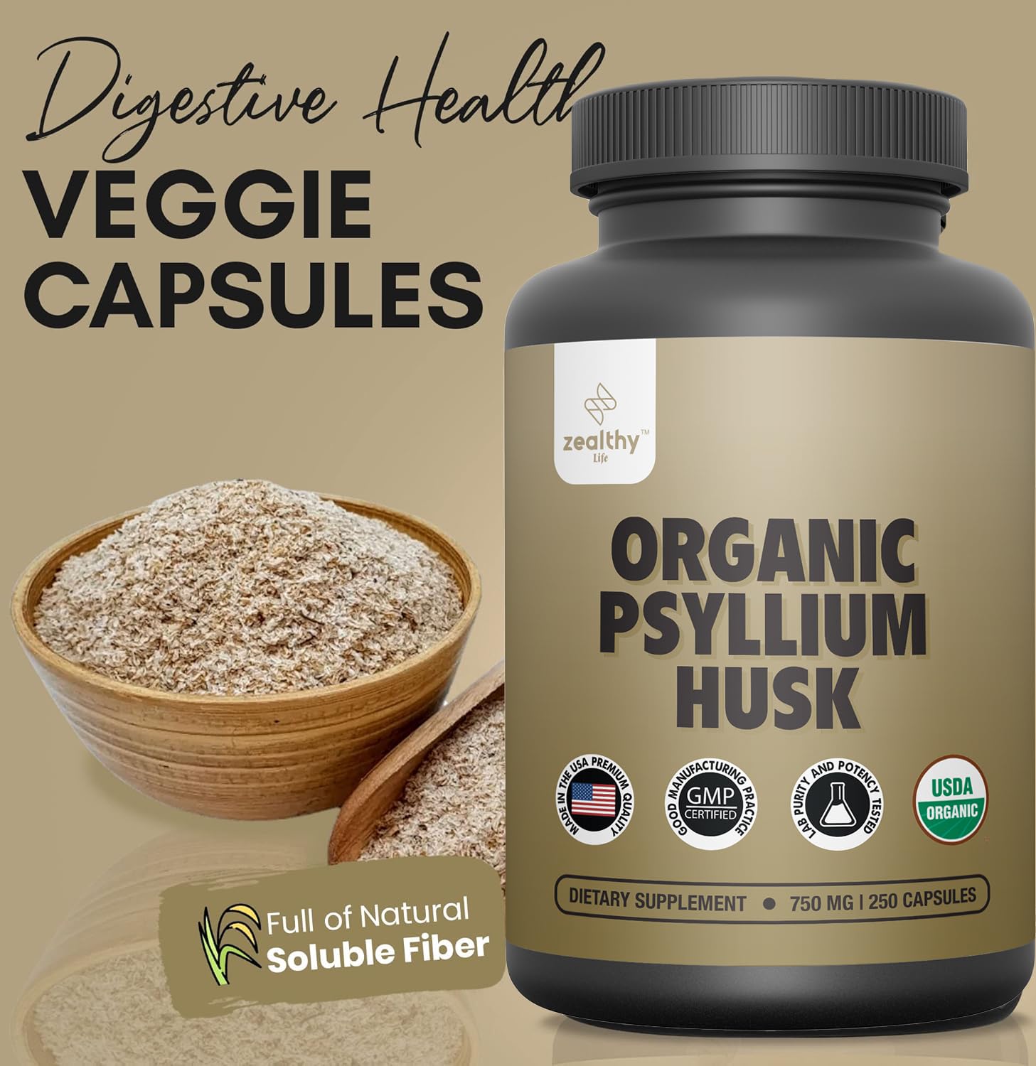 Organic Psyllium Husk Capsules 750 mg – Natural Fiber for Gut Health | Zealthy Life, 250 Capsules