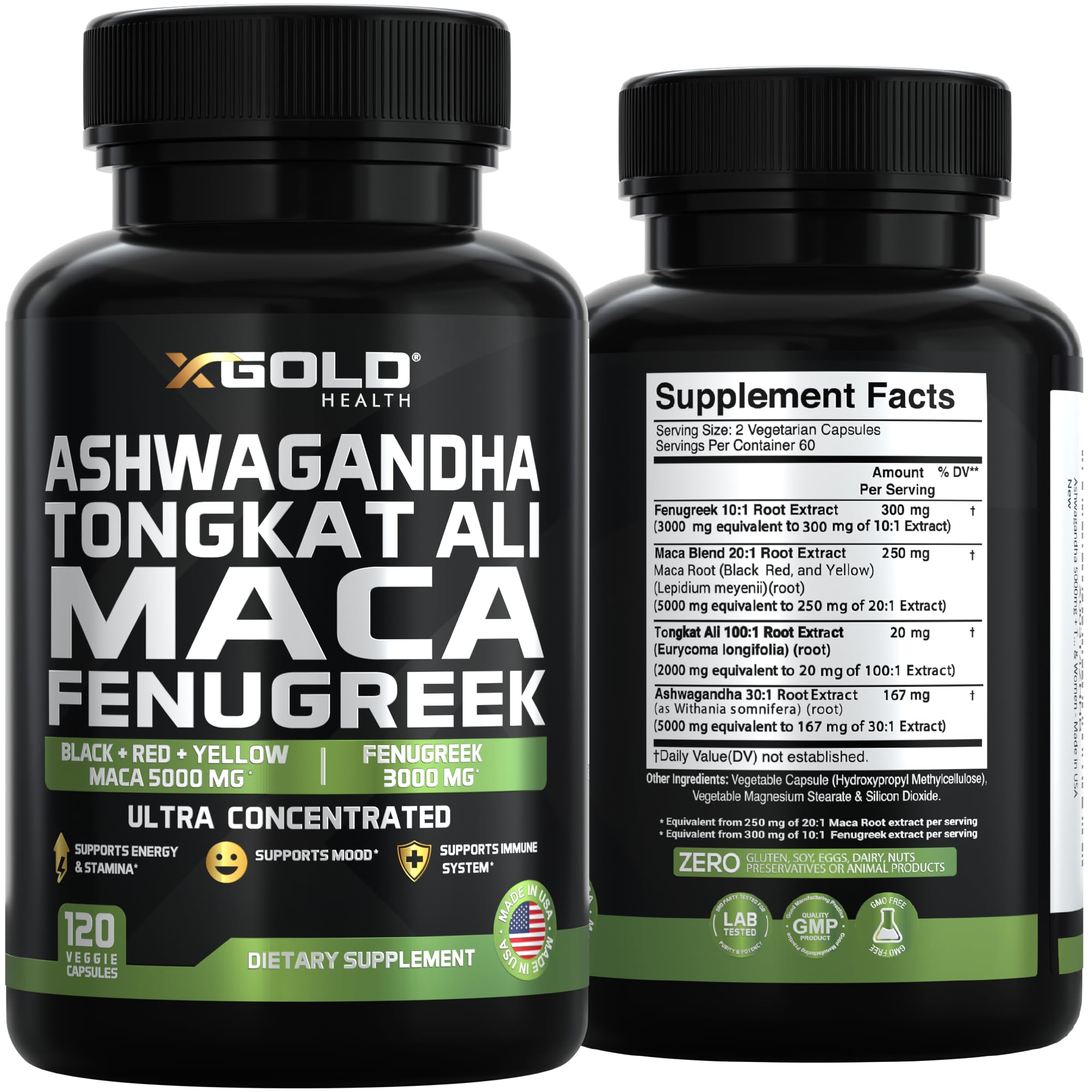 Ashwagandha 5000mg, Tongkat Ali 1000mg, Maca Root 5000mg | Fenugreek Supplement – Made in USA