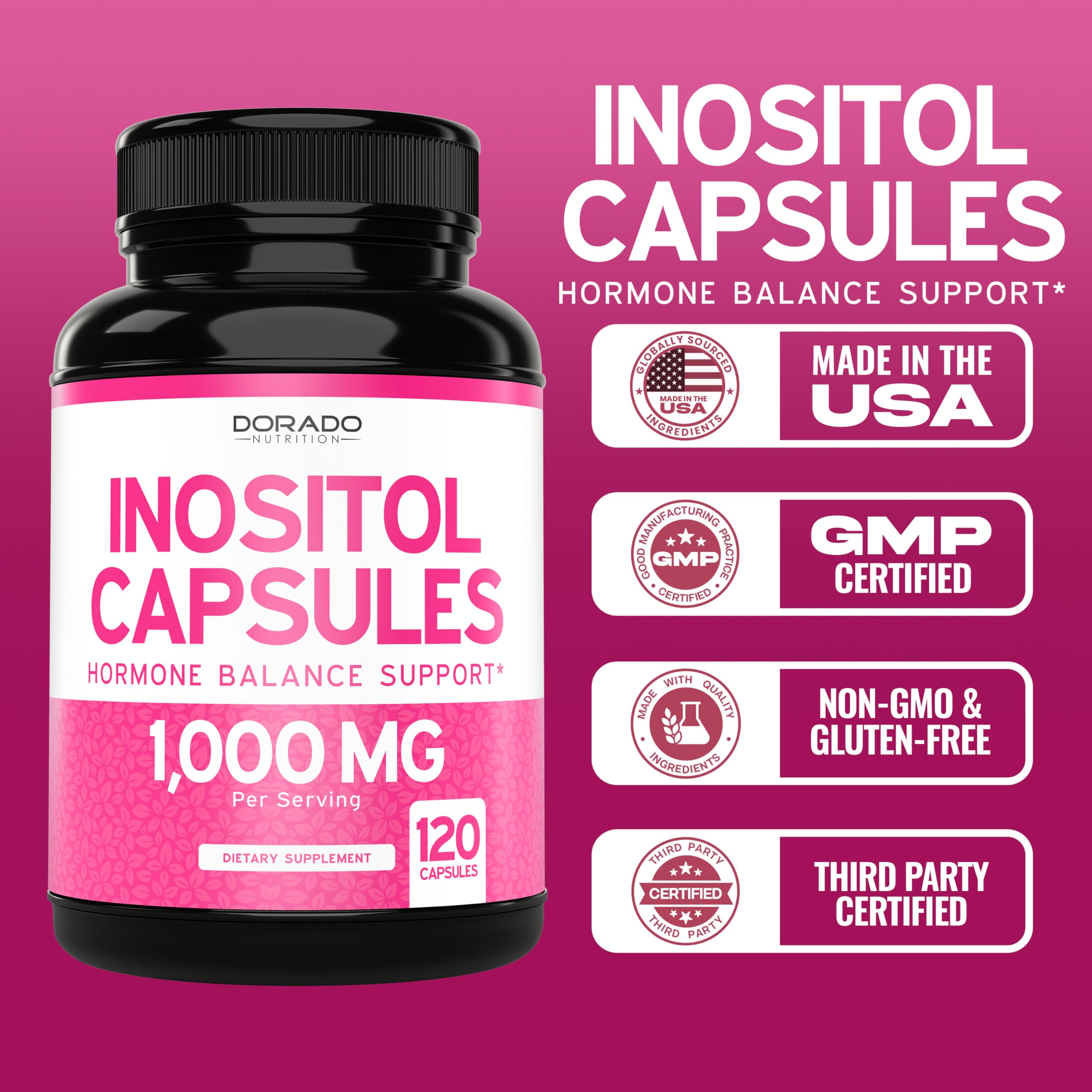Myo-Inositol Capsules 1000mg Per Serving – Hormone Balance Support for Women, Vegan, Gluten Free, Made in USA (120 Count)