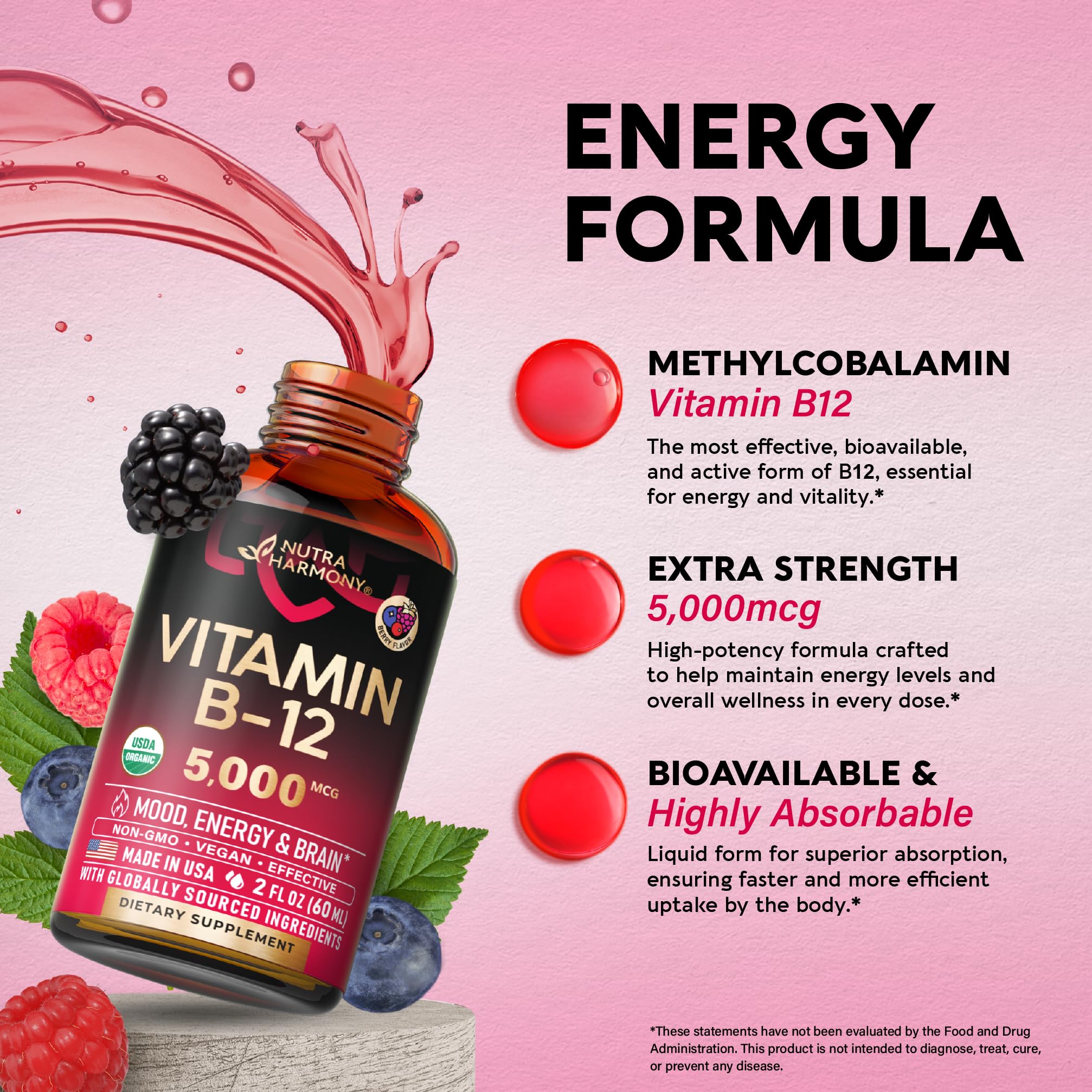 USDA Organic Vitamin B12 Sublingual Drops 5000 mcg – Vegan Methylcobalamin