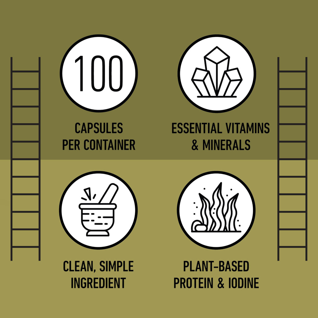Raw Sea Kelp Powder Capsules 600mg – 100 Vegetarian, Gluten-Free, Thyroid Support