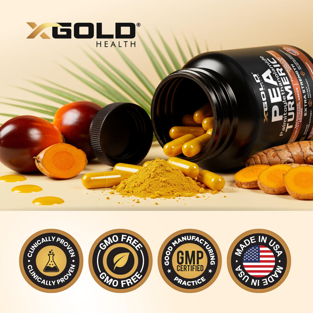 X Gold Health Pea PEA + Turmeric Curcumin Complex – 1600mg Micronized, 99% PEA & 95% Curcuminoids – Joint Support, Mobility & Comfort – Made in USA