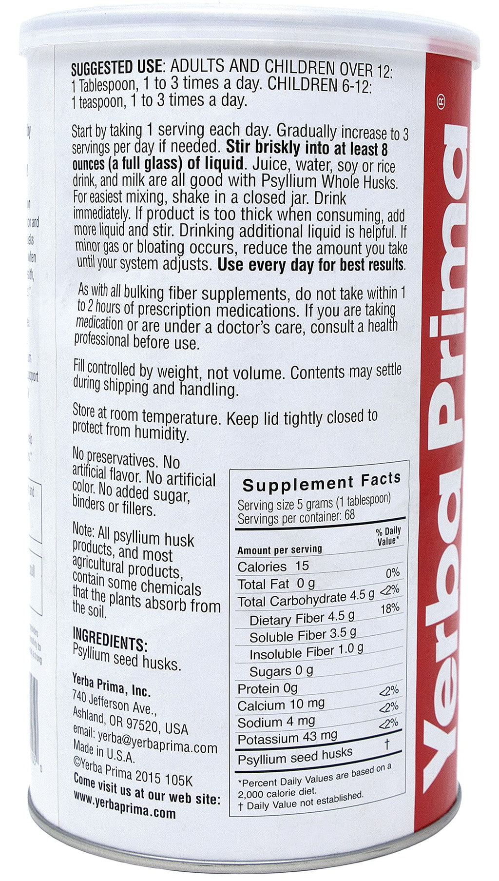Yerba Prima Psyllium Husk, 12 Ounce - Whole Husk Fiber Supplement, Vegan, No Sugar or Artificial Sweeteners, Non GMO, Gluten Free