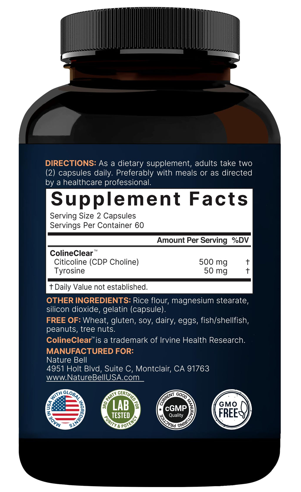 NatureBell Citicoline 500mg + Tyrosine 50mg – 120 Capsules | Dual Action Brain Support
