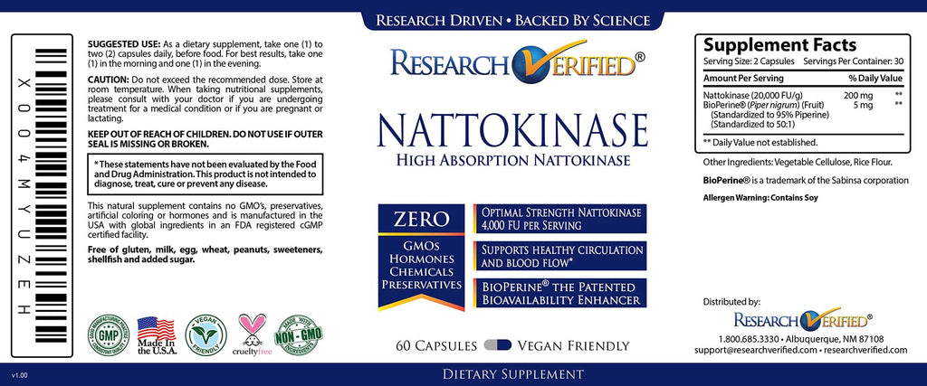 Research Verified Nattokinase 4000 FU – Circulatory Support – BioPerine – No Vitamin K2 – 60 Capsules