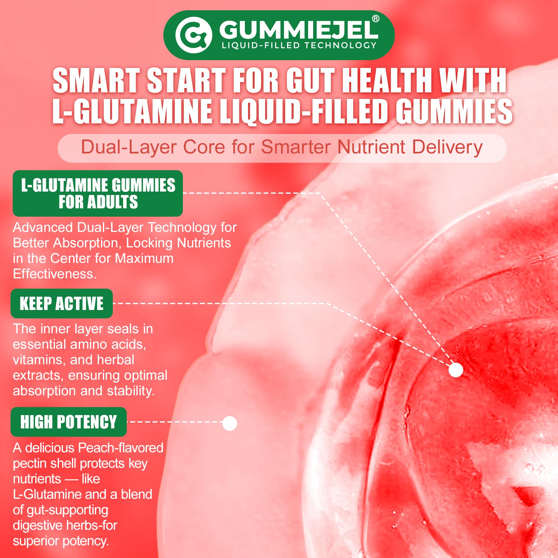 L-Glutamine 1200mg Gut & Immune Support Gummies – Sugar-Free, Vegan, 60 Count