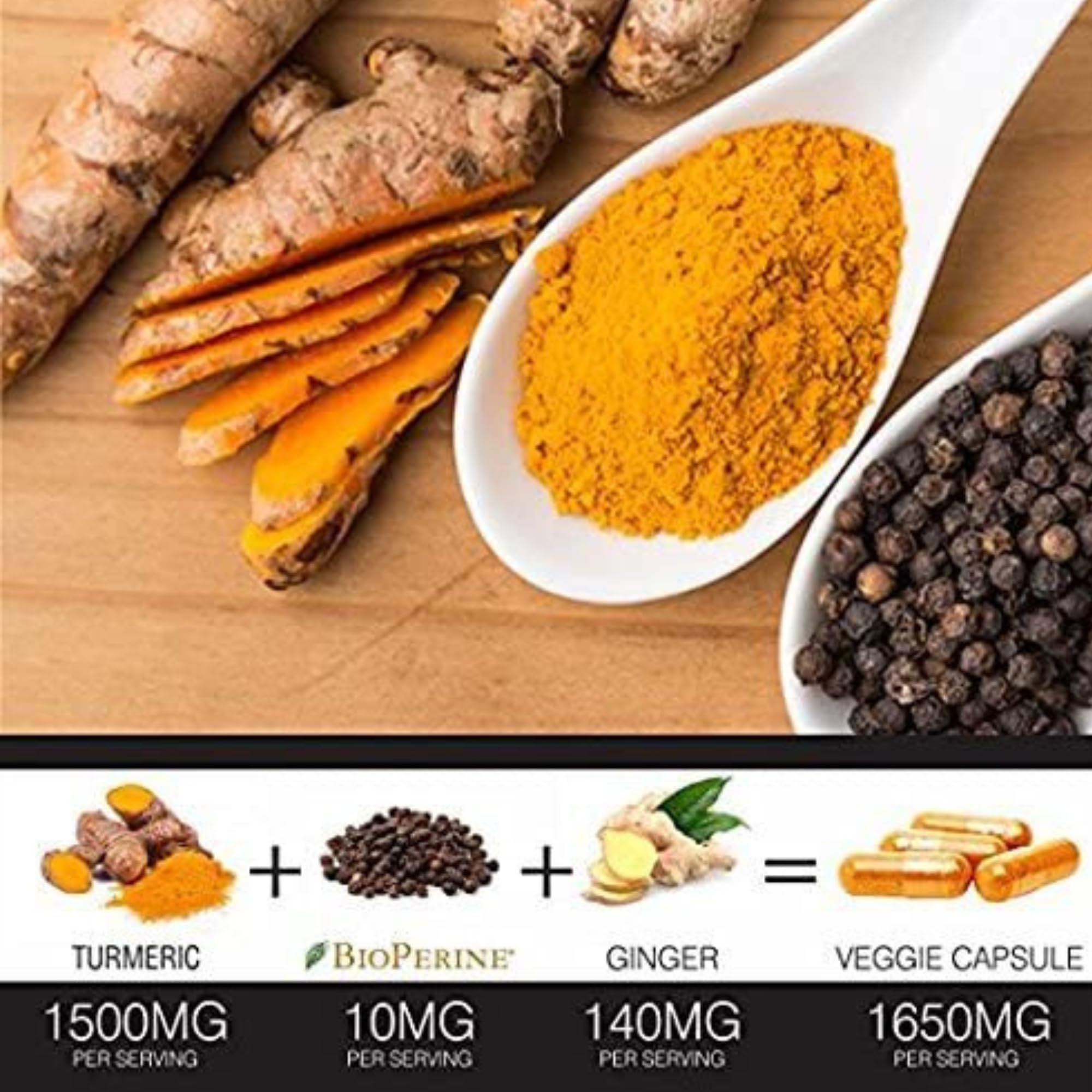 Turmeric Curcumin with BioPerine, Black Pepper & Ginger — Made in USA | 120 Vegetarian Capsules