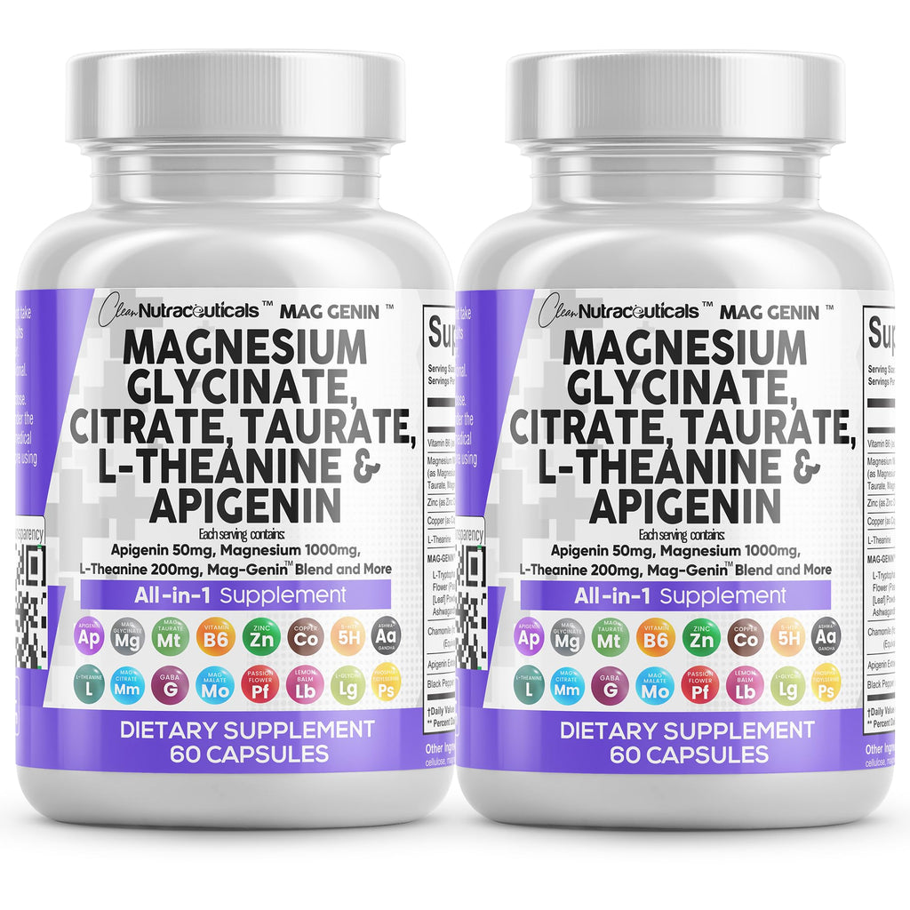 Clean Nutraceuticals Magnesium Glycinate Complex 1000mg with L-Theanine 200mg and Apigenin 50mg Citrate Taurate – 60 Count Pack of 2