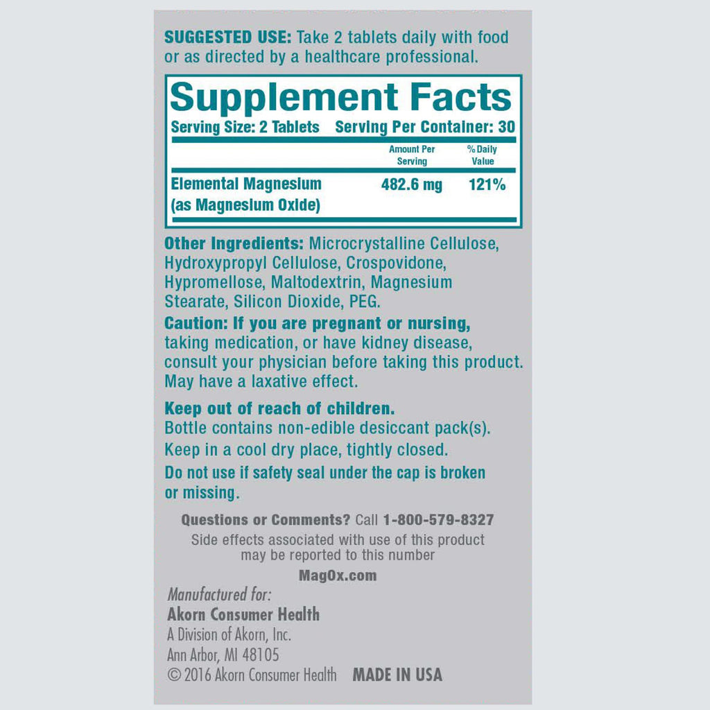 Mag-Ox 400 Magnesium Oxide – 482 mg per Dose, 120 Tablets, Pack of 2 | Pharmaceutical Grade