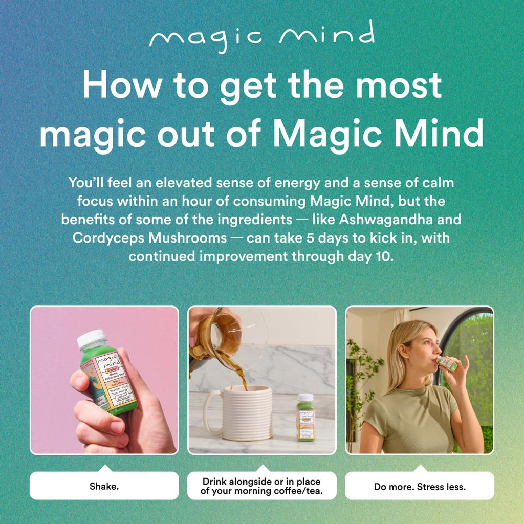 Magic Mind Focus Energy Drink Shots – No Jitters, Stress Relief, Matcha, Ashwagandha, Mushrooms | 2 fl oz (30 Pack)