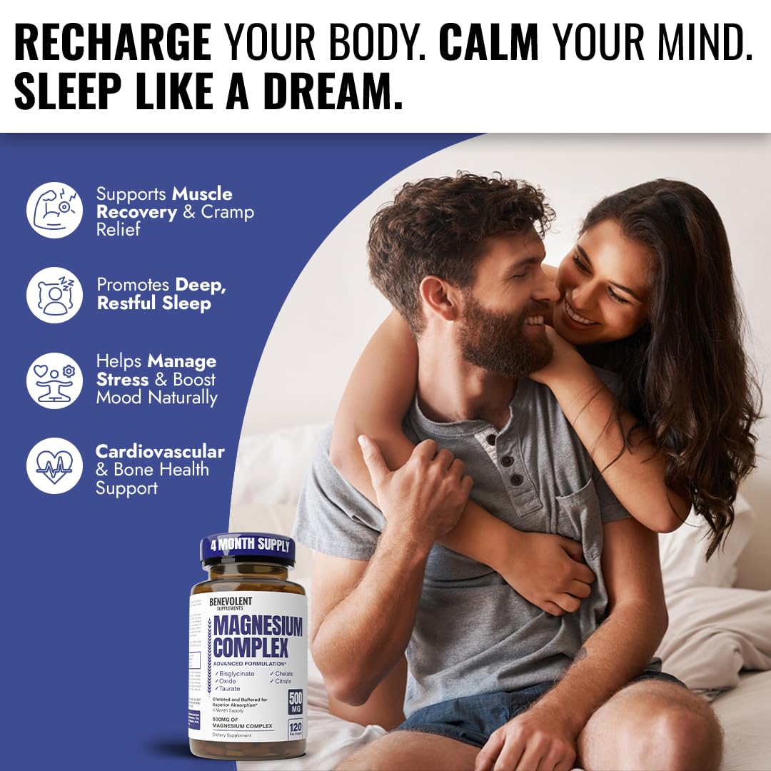 Magnesium Complex Supplement – 4 Month Supply (120 Capsules, 500mg) 5-in-1 Max Absorption for Calm, Sleep & Leg Cramps