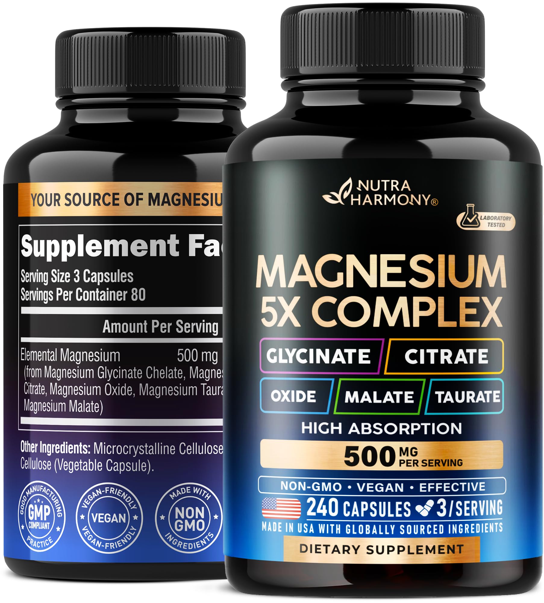 Magnesium 5-in-1 Complex 500 mg – Glycinate, Citrate, Malate, Taurate, Oxide | Made in USA