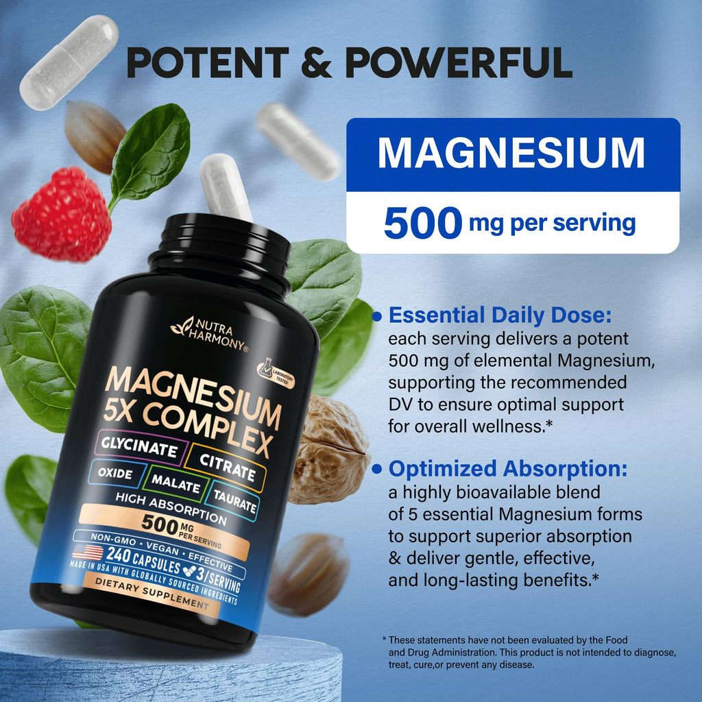 Magnesium 5-in-1 Complex 500 mg – Glycinate, Citrate, Malate, Taurate, Oxide | Made in USA