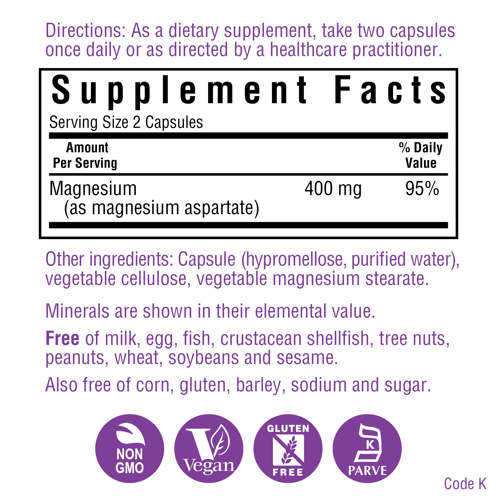 Bluebonnet Nutrition Magnesium 400 mg Chelated Magnesium Aspartate Daily Mineral, Heart & Bone Support* Supplement for Men & Women Vegan, Non-GMO - 200 Vegetable Capsules