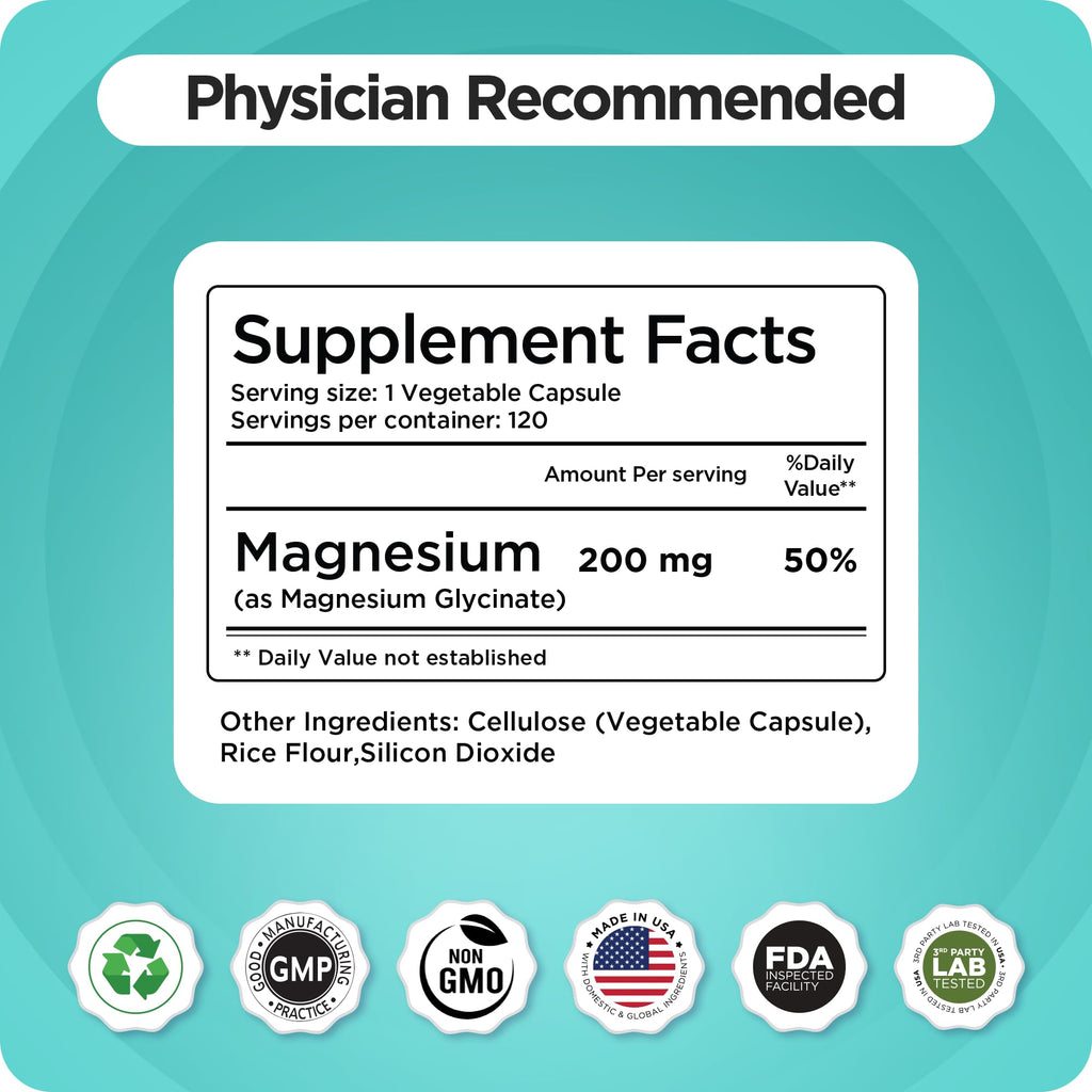 Magnesium Bisglycinate 200mg - High Absorption, Gluten-Free & Non-GMO - 120 Vegan Capsules