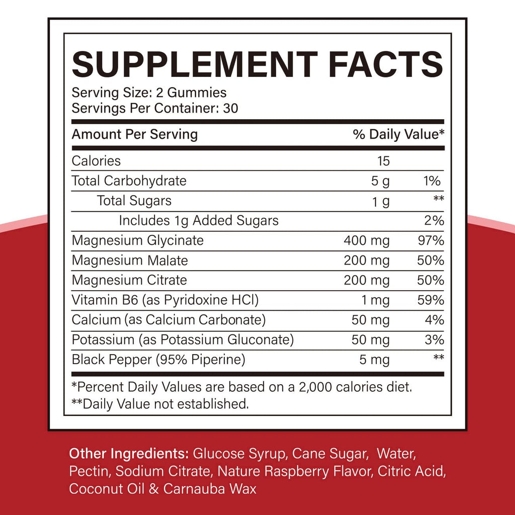 Triple Magnesium Complex Gummies 900 mg – Mg Glycinate, Citrate & Malate with Potassium, Ca & Vitamin B6 | Vegan, Non-GMO, Gluten Free – 60 Gummies
