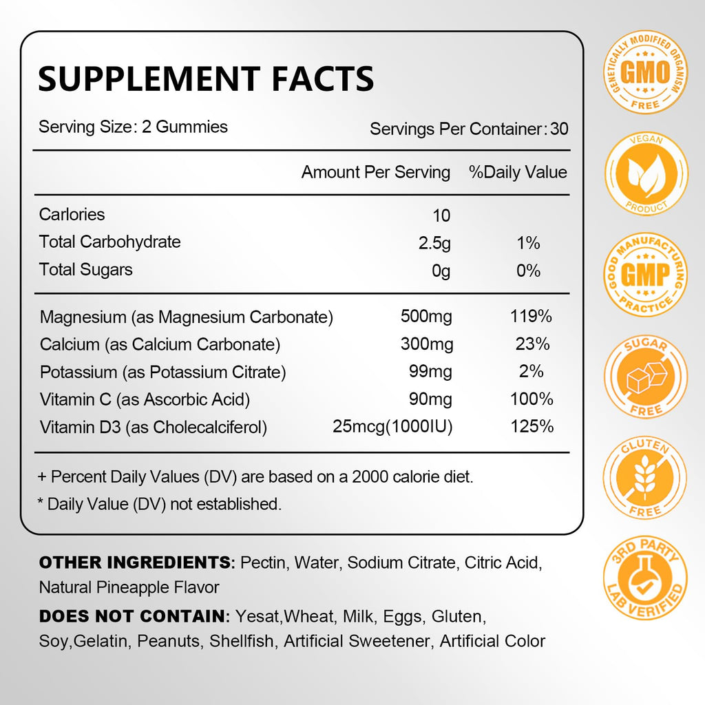 Magnesium Carbonate Gummies 500mg - High Absorption Magnesium Supplement for Digestive & Muscle Support | Sugar Free, Vegan, Pineapple, 60 Count