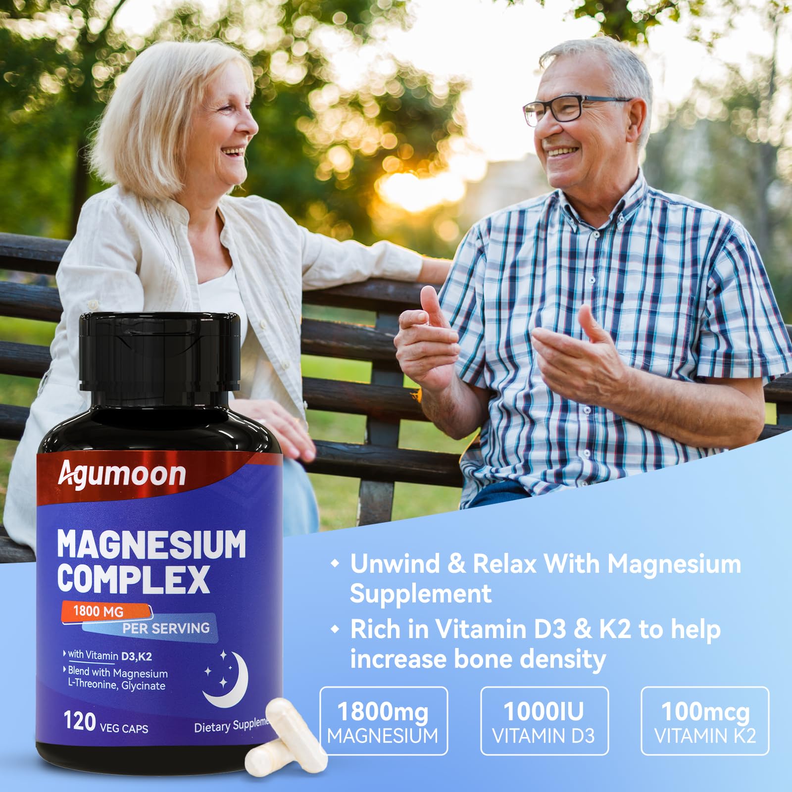 Magnesium Chelated Complex 1800mg with Vitamin D3 & K2 – L-Threonine & Glycinate, 120 Capsules