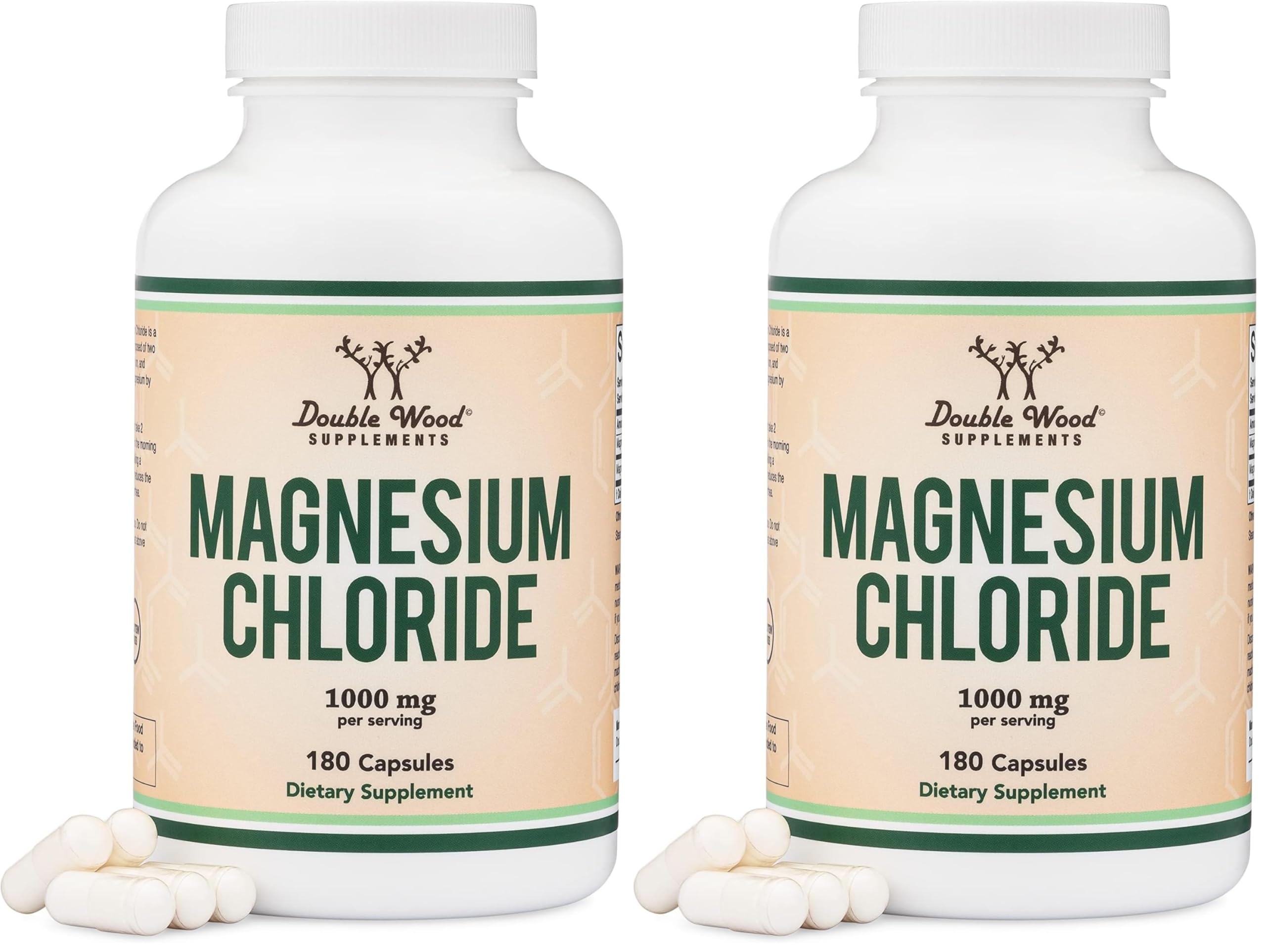 Double Wood Magnesium Chloride – 180 Capsules, 1000 mg per Serving, Supports Digestive & Bone Health – Non-GMO & Gluten Free (Pack of 2)
