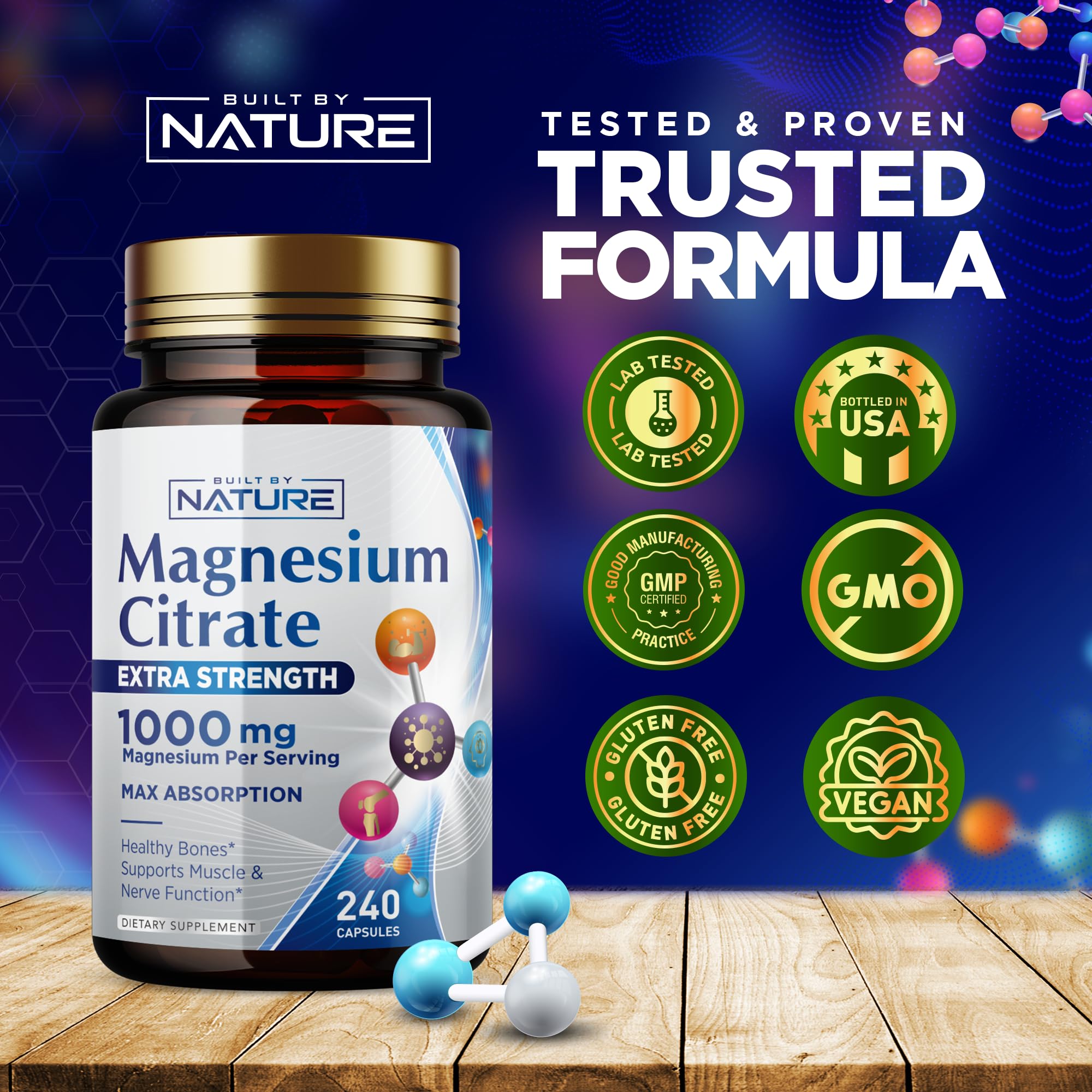Magnesium Citrate 1000mg – Max Absorption, Vegan & Gluten-Free – 240 Capsules | Built By Nature