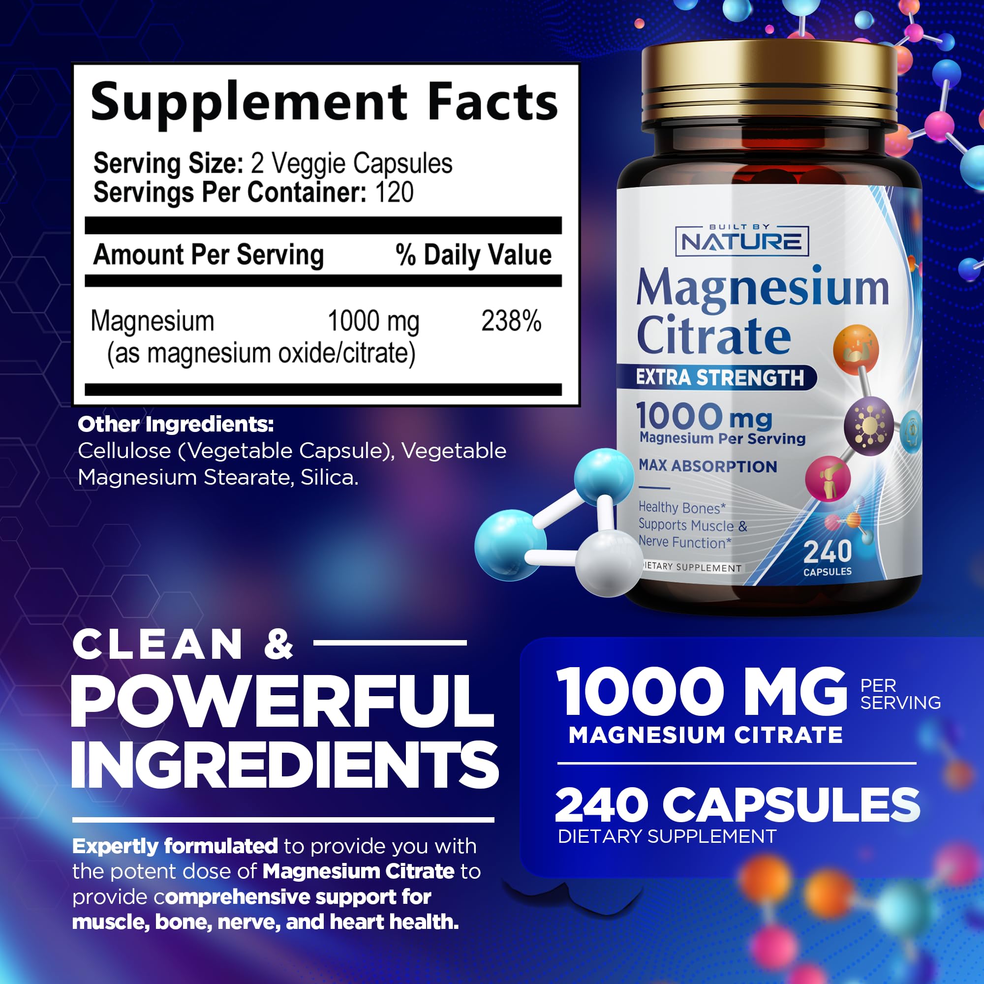 Magnesium Citrate 1000mg – Max Absorption, Vegan & Gluten-Free – 240 Capsules | Built By Nature