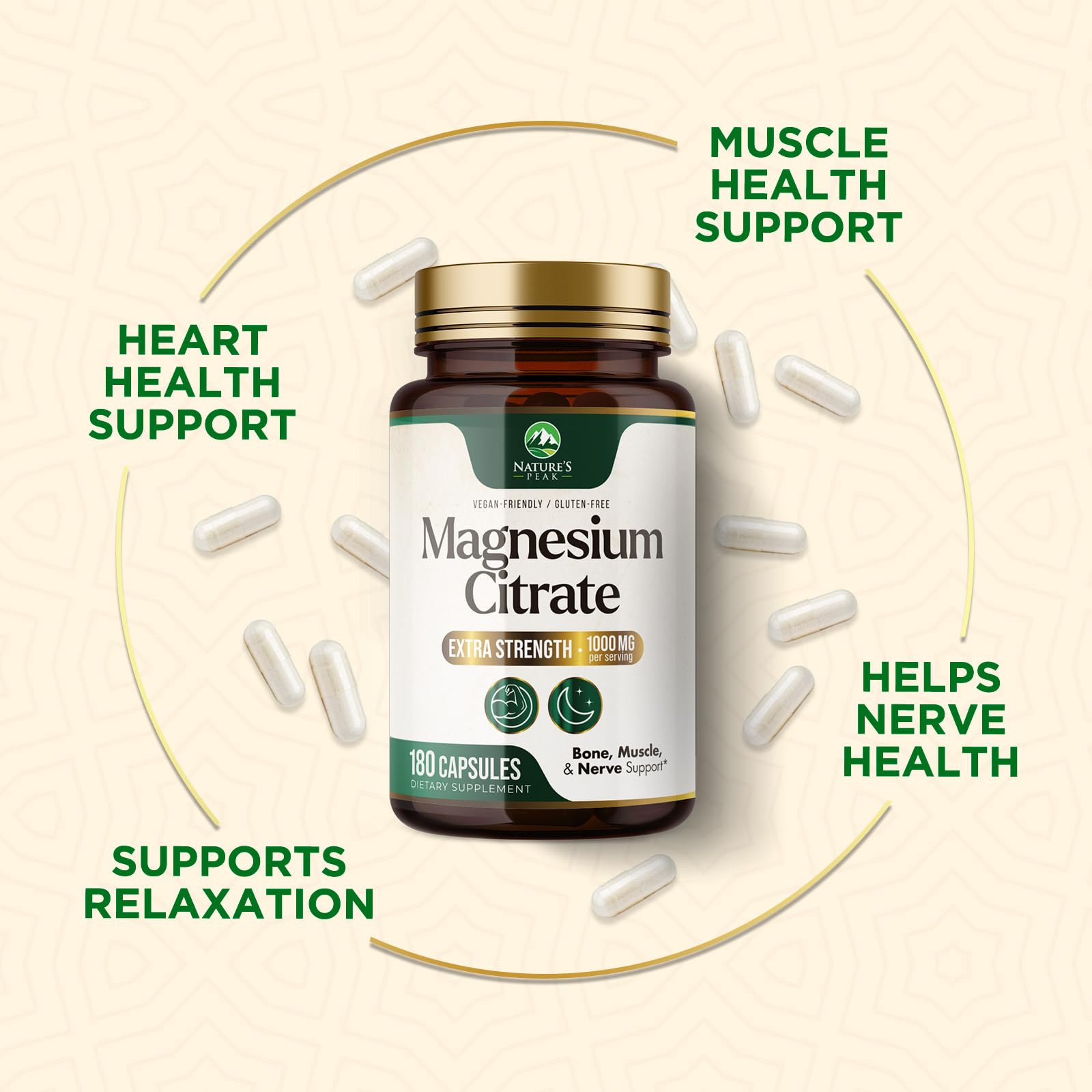 Magnesium Citrate 1000mg – High Absorption Magnesium Supplement (180 Capsules) – Non-GMO