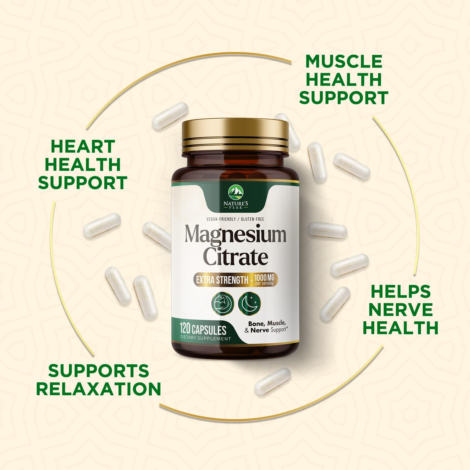 Magnesium Citrate 1000mg – High-Absorption Magnesium Supplement | Supports Muscle, Bone, Nerve & Heart Health – 120 Capsules