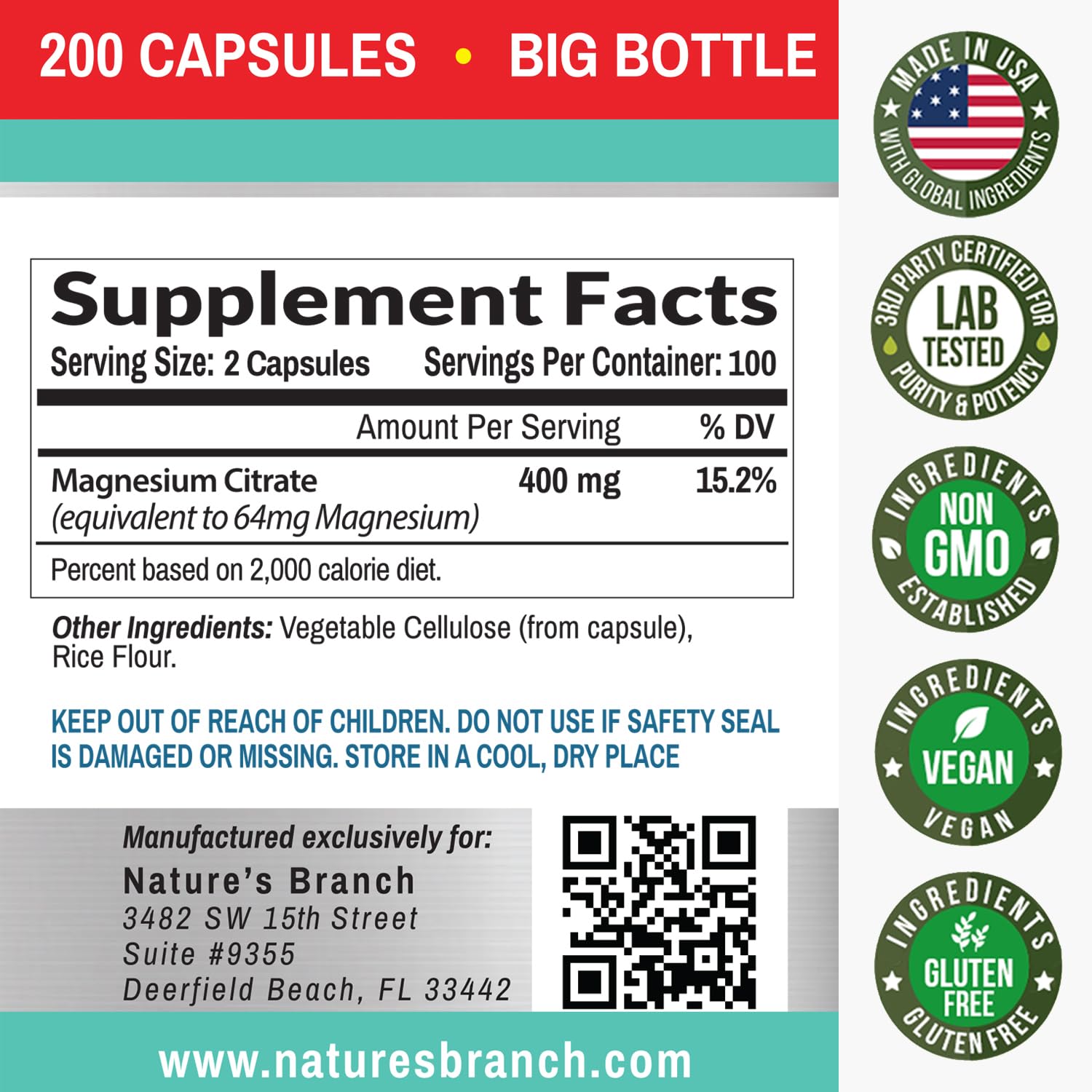 Magnesium Citrate 400mg - 200 Capsules | High Potency, Vegan, Made in USA
