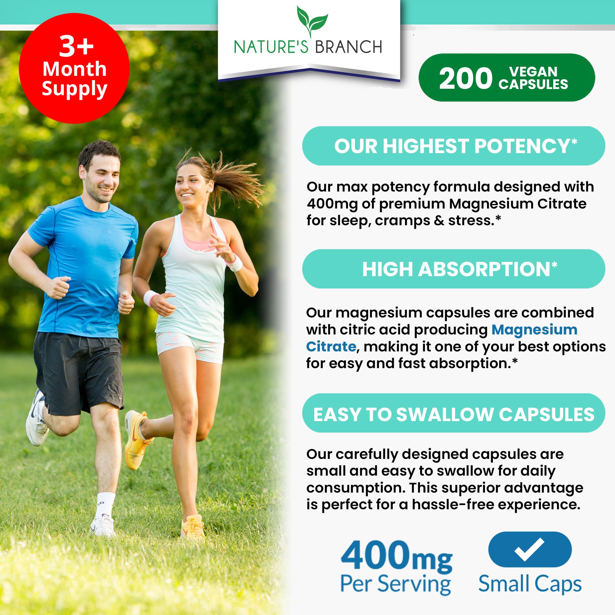 Magnesium Citrate 400mg - 200 Capsules | High Potency, Vegan, Made in USA