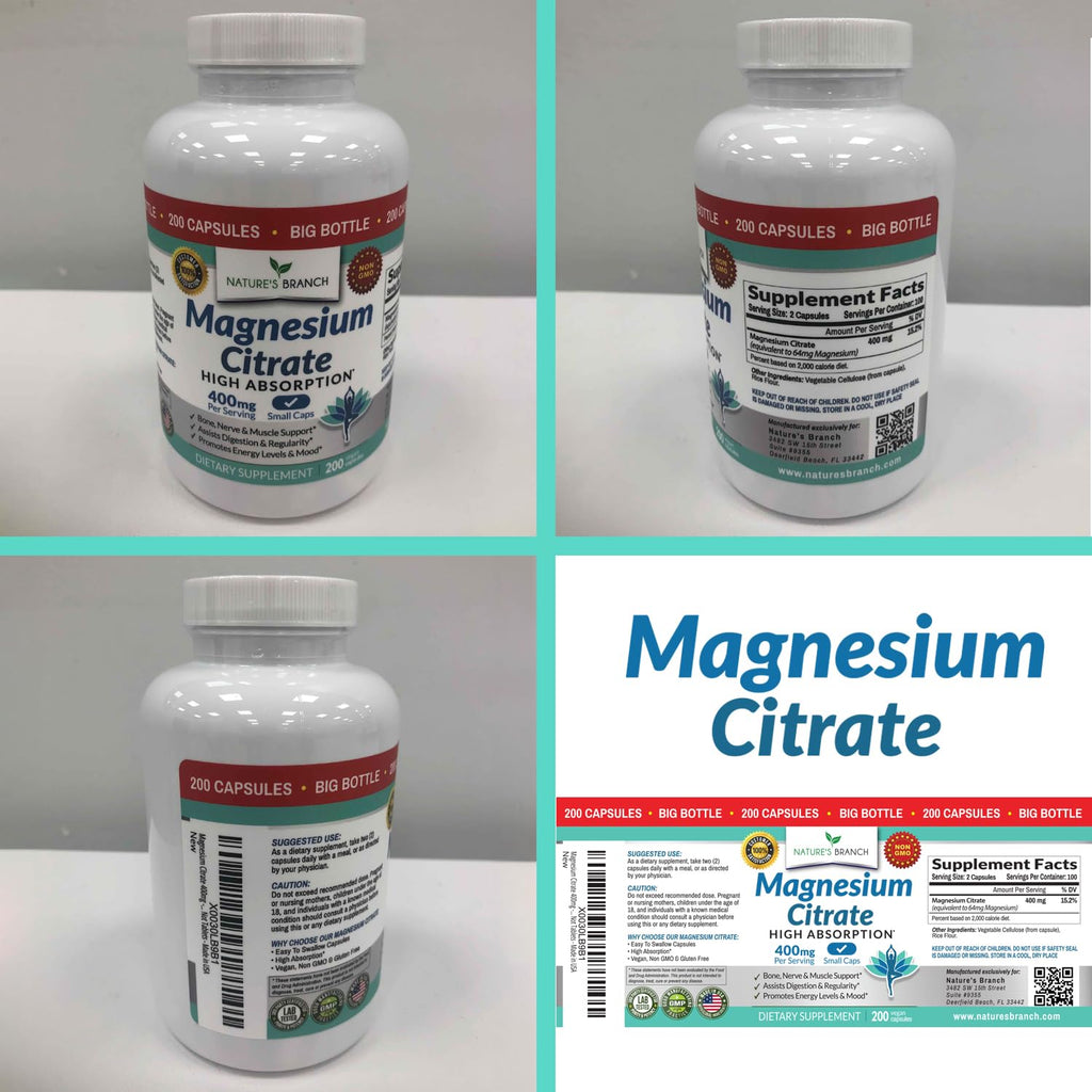 Magnesium Citrate 400mg - 200 Capsules | High Potency, Vegan, Made in USA