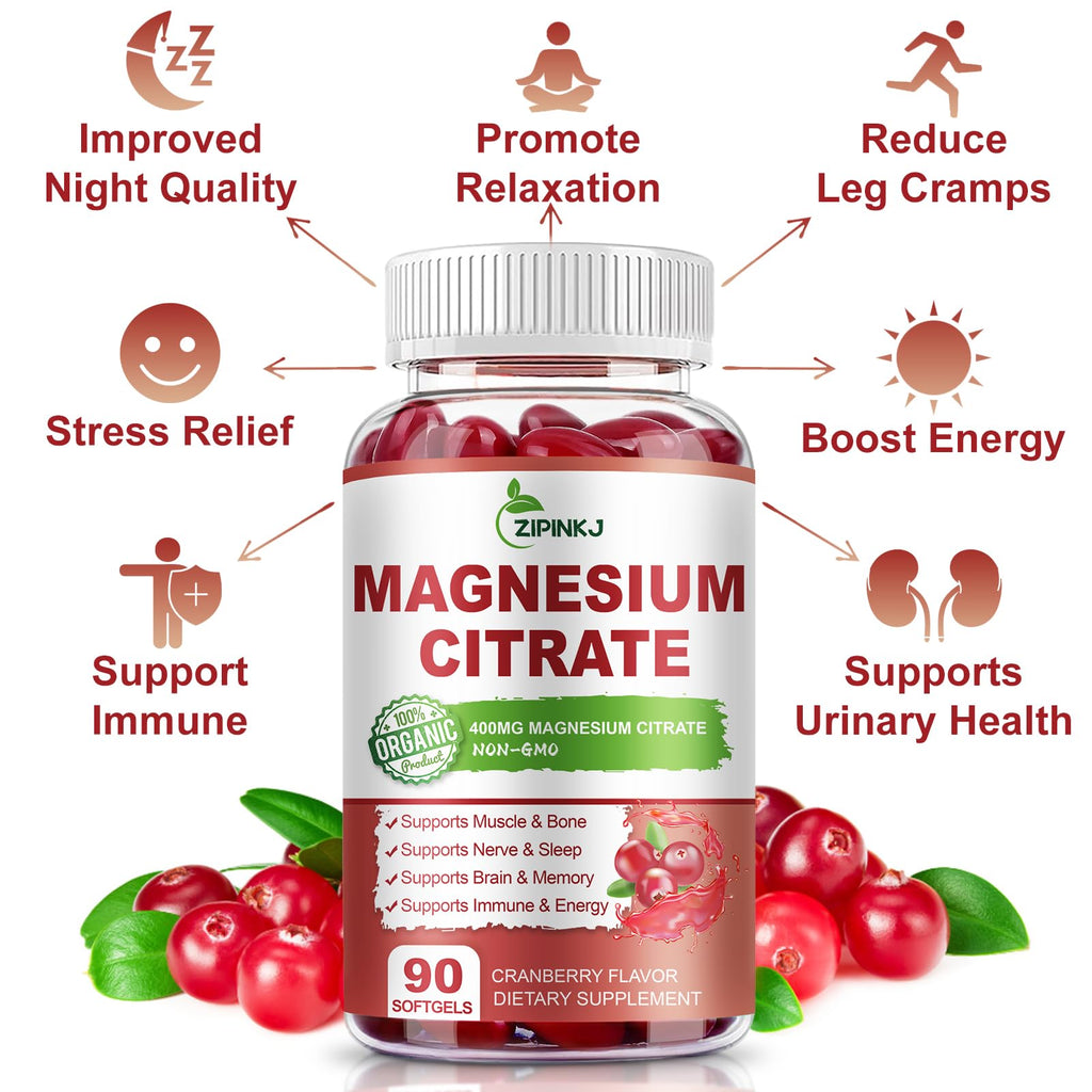 Magnesium Citrate 400mg with Vitamin D3, B6 & Cranberry – High Absorption (90-Count, 45 Day Supply)