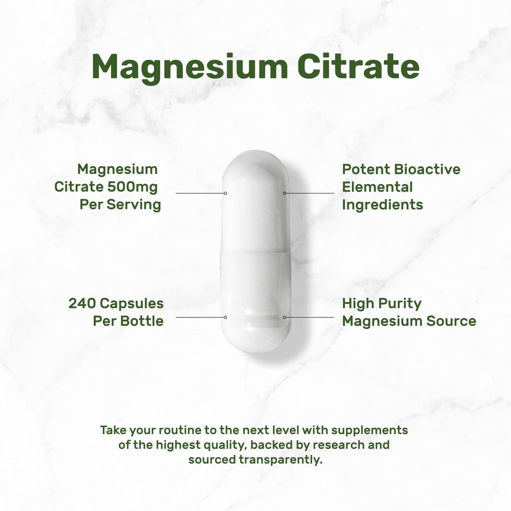 Magnesium Citrate 500mg | 240 Capsules | Easily Absorbed, Non-GMO | Muscle, Heart & Digestive Support