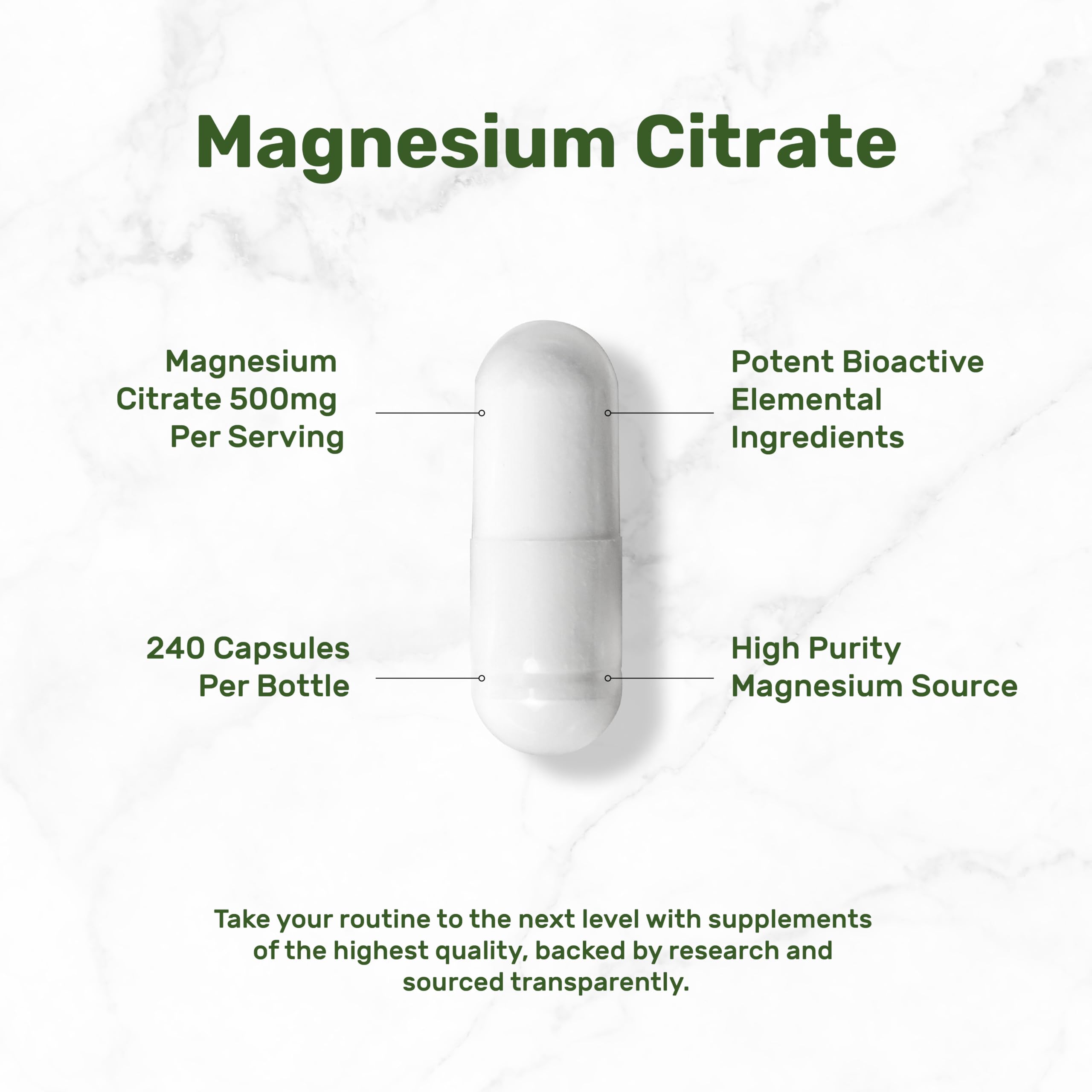 Magnesium Citrate 500mg | 240 Capsules | Easily Absorbed, Non-GMO | Muscle, Heart & Digestive Support