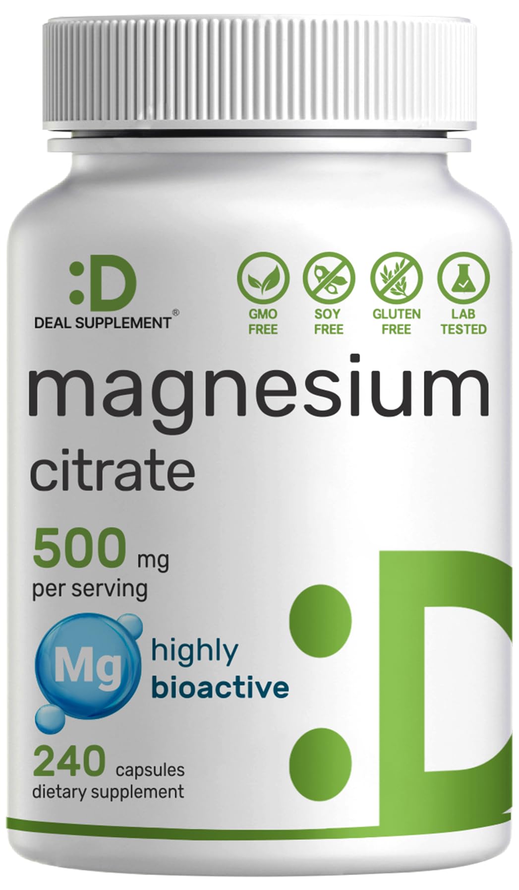 Magnesium Citrate 500mg | 240 Capsules | Easily Absorbed, Non-GMO | Muscle, Heart & Digestive Support
