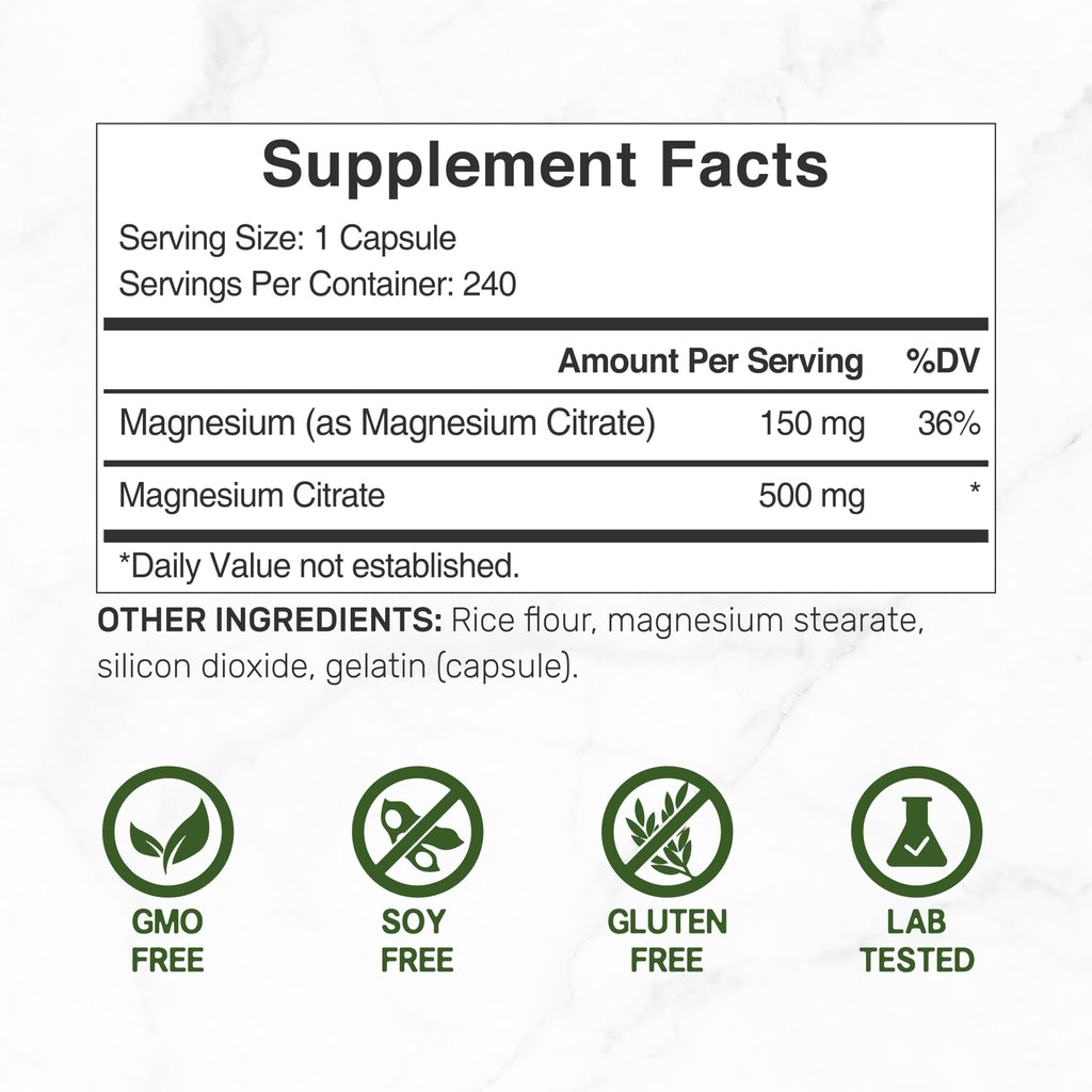 Magnesium Citrate 500mg | 240 Capsules | Easily Absorbed, Non-GMO | Muscle, Heart & Digestive Support