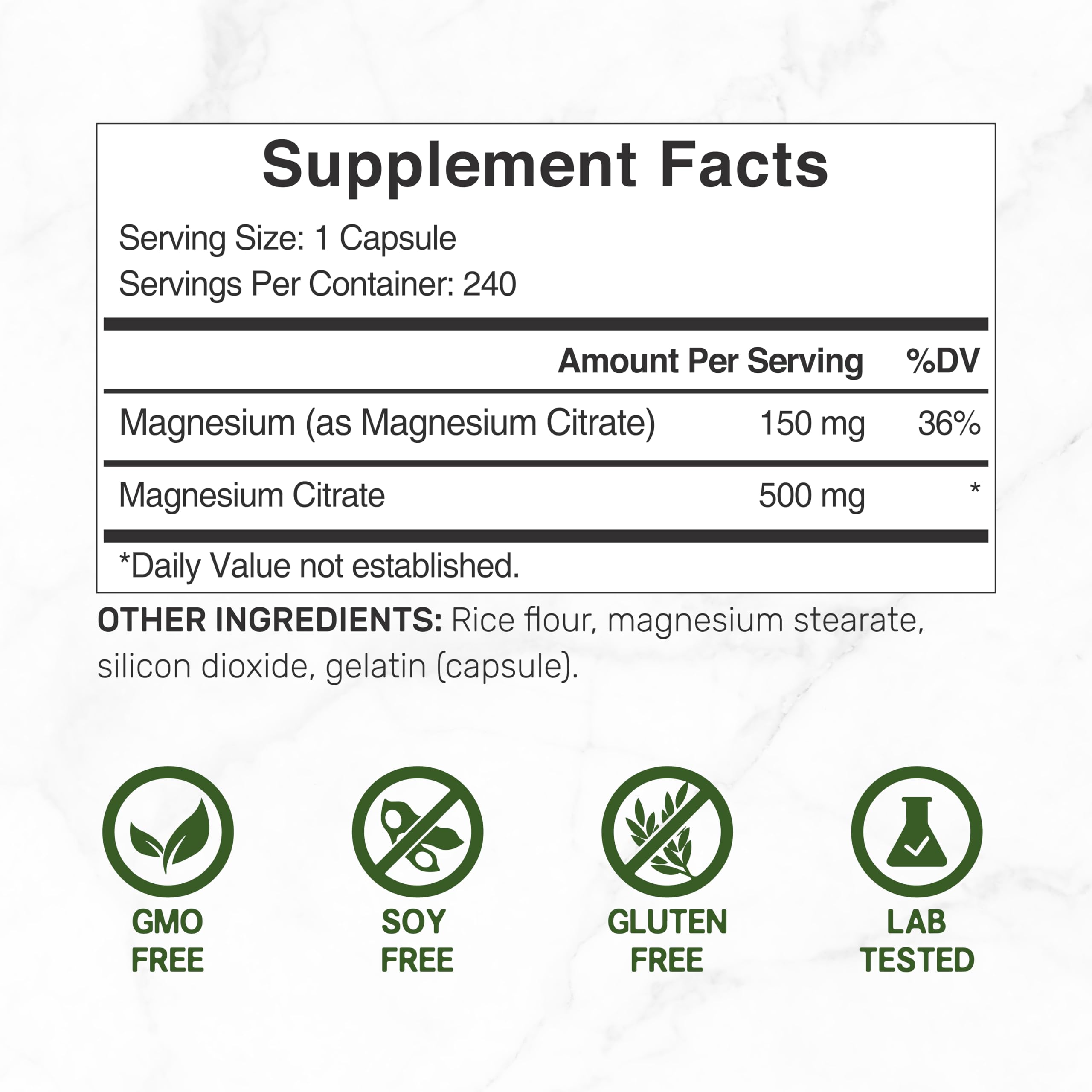 Magnesium Citrate 500mg | 240 Capsules | Easily Absorbed, Non-GMO | Muscle, Heart & Digestive Support