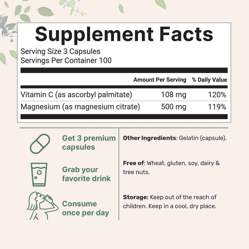 Pure Magnesium Citrate 500mg | 300 Capsules | Chelated, Fat-Soluble Vitamin C | Supports Digestion, Muscle & Heart Health