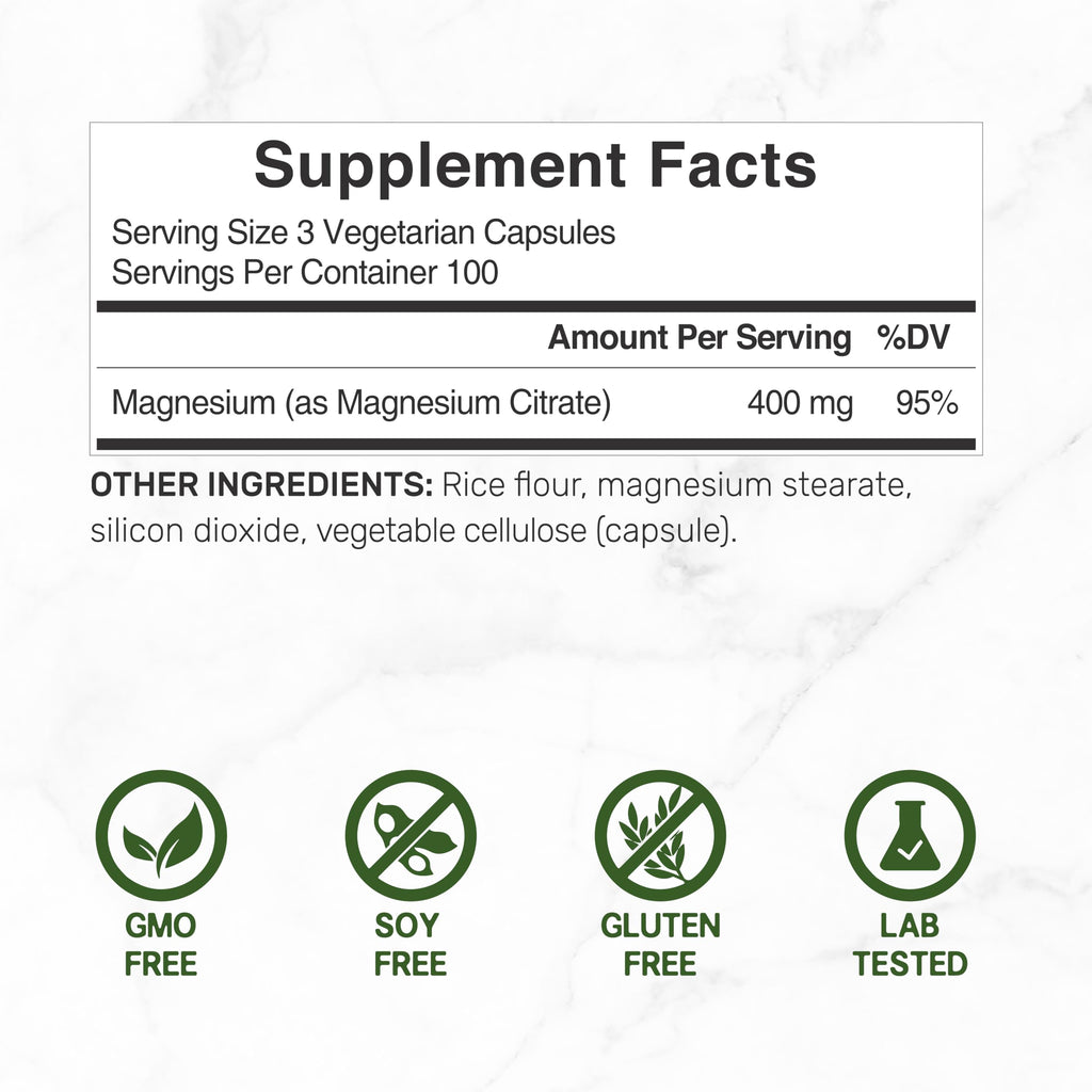 Magnesium Citrate 400mg – 300 Veggie Capsules | Chelated & High Absorption