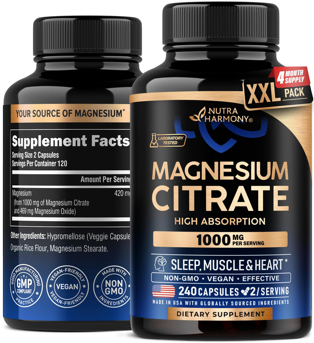 Magnesium Citrate Capsules 1000mg - High Absorption | Sleep, Muscle & Heart Support - Vegan, Non-GMO - Made in USA - 240 Capsules
