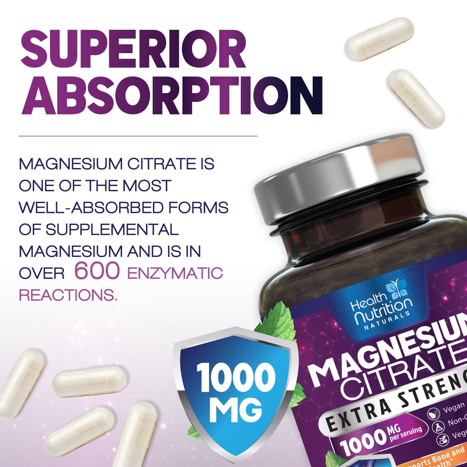 Magnesium Citrate Capsules 1000mg - High Absorption Magnesium for Muscle, Nerve, Bone & Heart Health | 240 Capsules