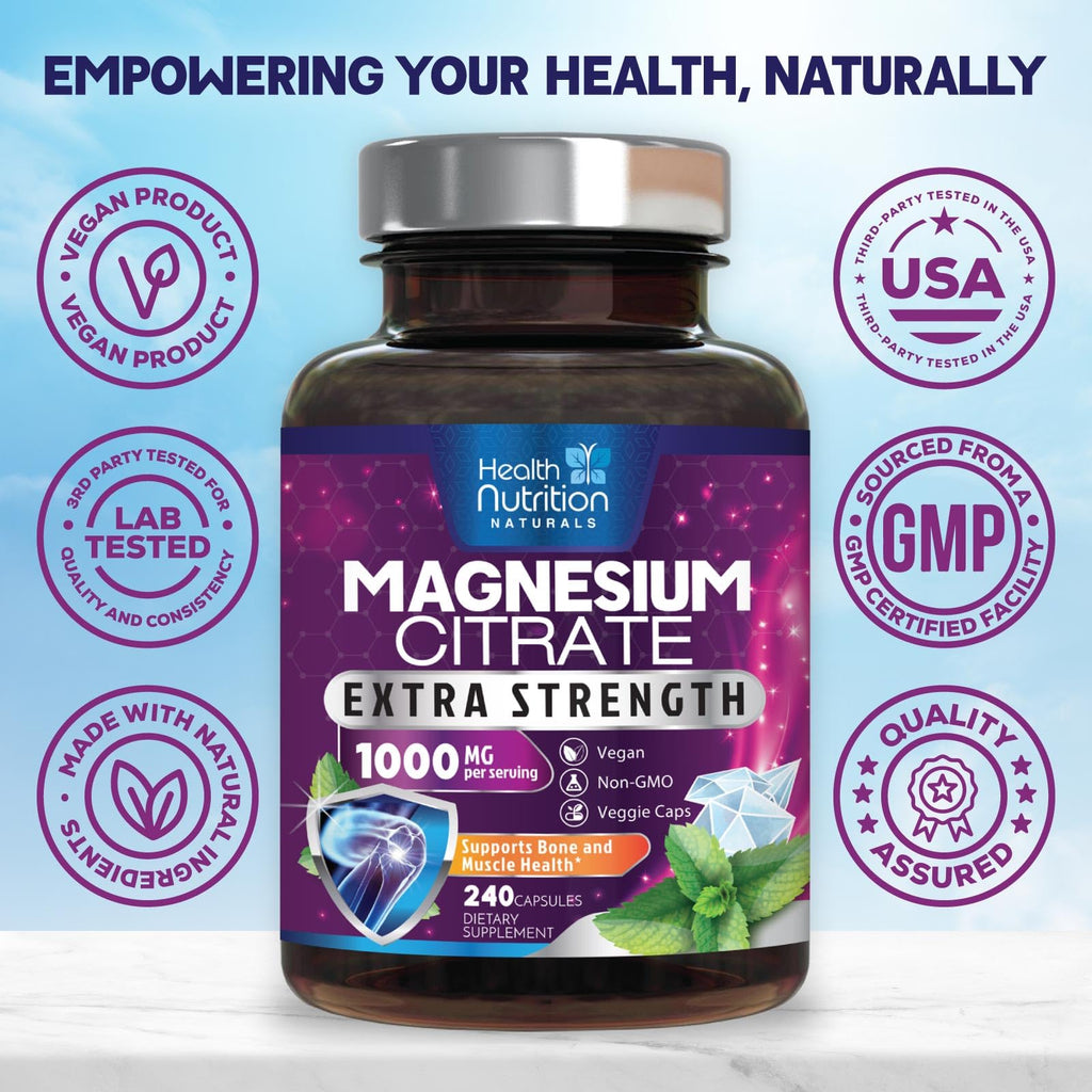 Magnesium Citrate Capsules 1000mg - High Absorption Magnesium for Muscle, Nerve, Bone & Heart Health | 240 Capsules