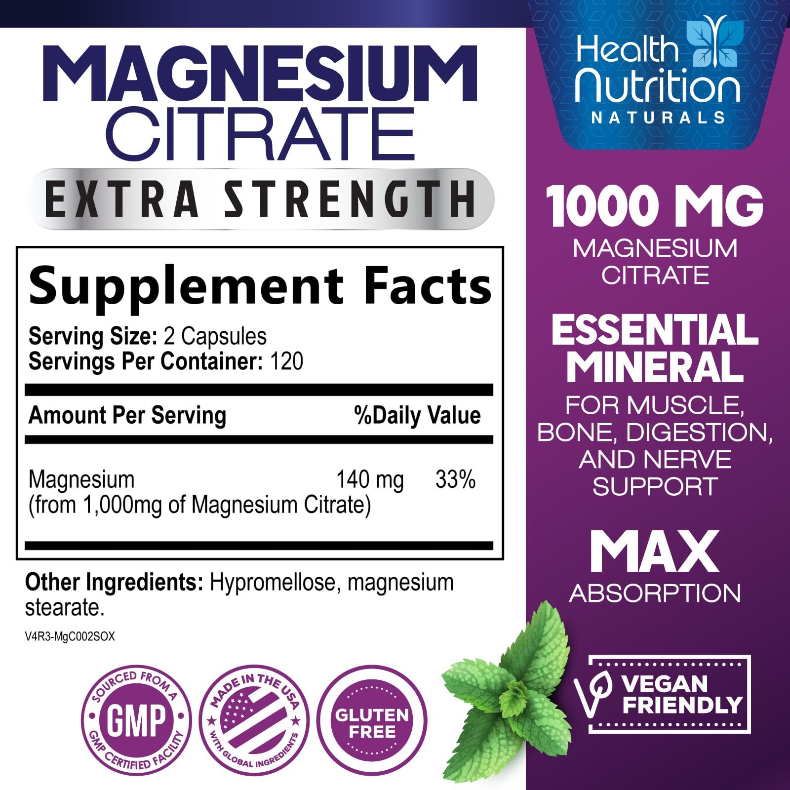 Magnesium Citrate Capsules 1000mg - High Absorption Magnesium for Muscle, Nerve, Bone & Heart Health | 240 Capsules