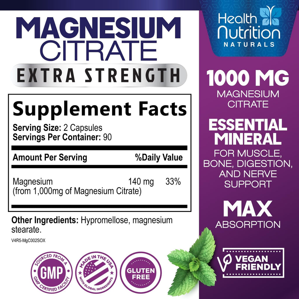 Magnesium Citrate Capsules 1000mg - High Absorption | 180 Caps