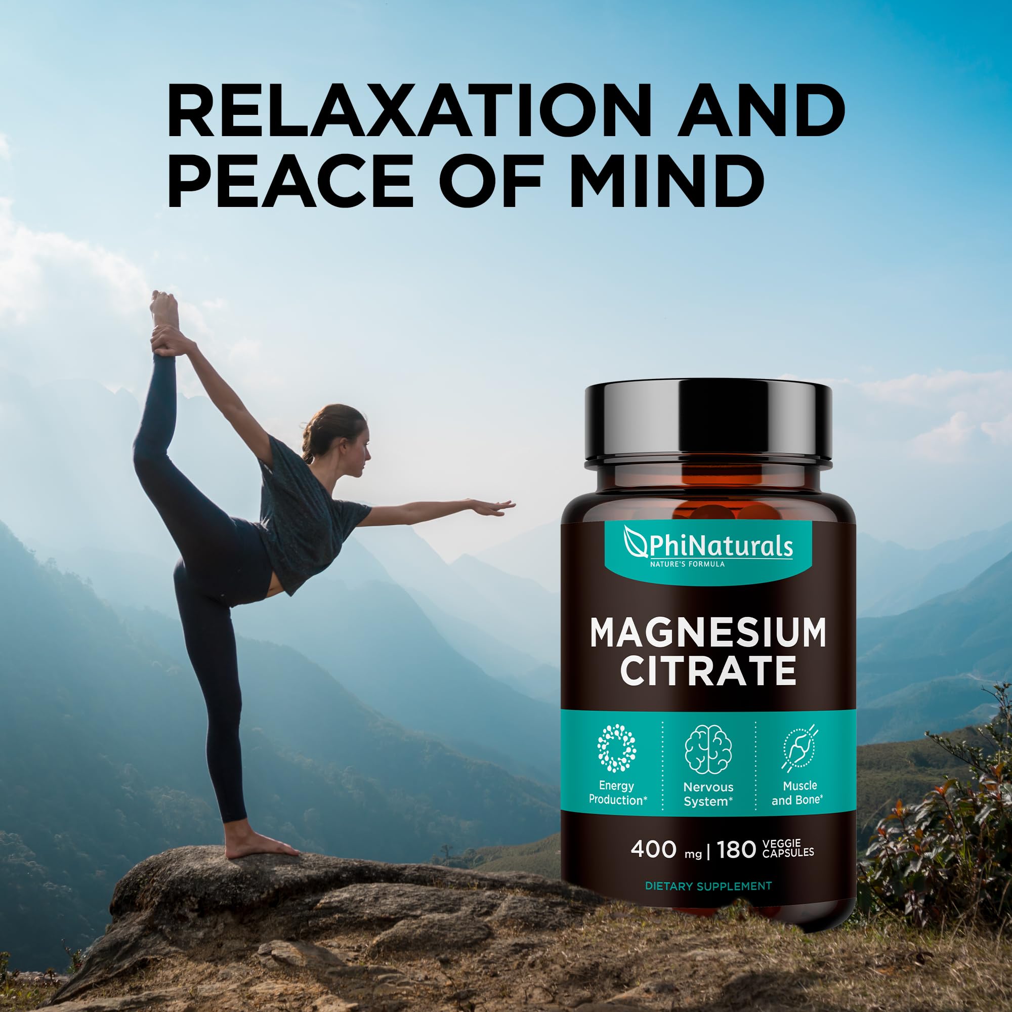 Magnesium Citrate Capsules 400 mg – 180 Veg Caps – Nervous System Support and Enzyme Function | PhiNaturals