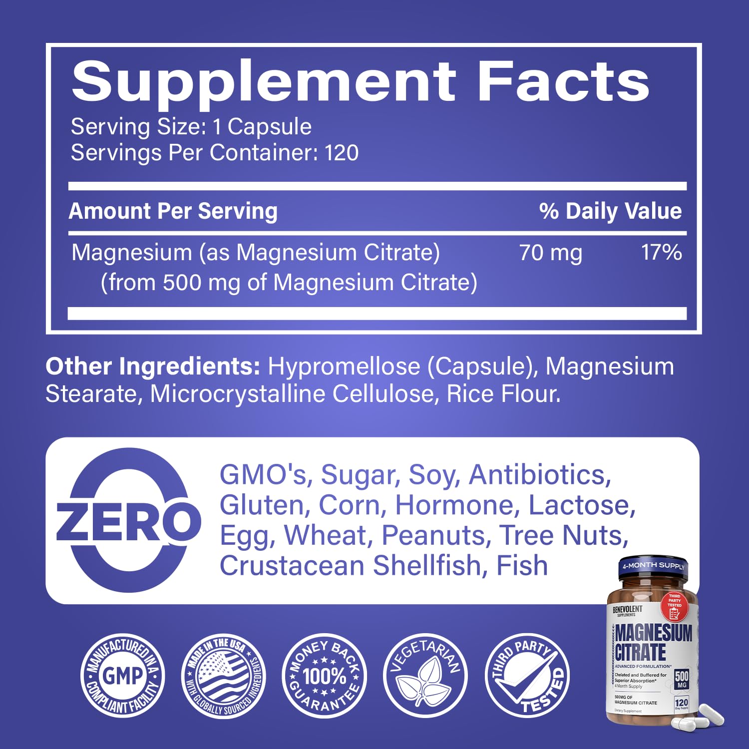 Benevolent Magnesium Citrate 500mg Capsules – Chelated & Buffered, 120 Veggie Caps